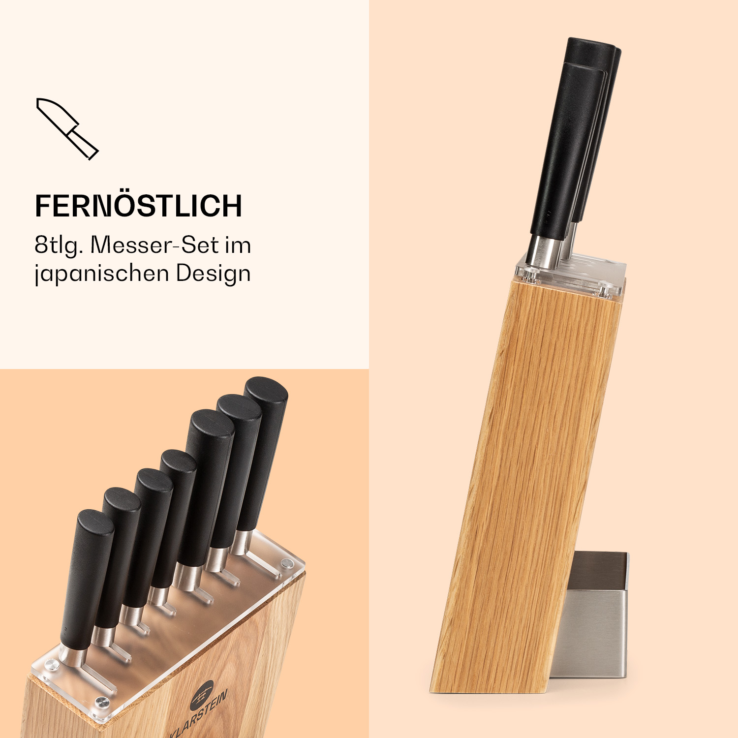 Messerblock aus Holz mit Messern. Messer haben schwarze Griffe und einen Holzständer. Text enthalten.