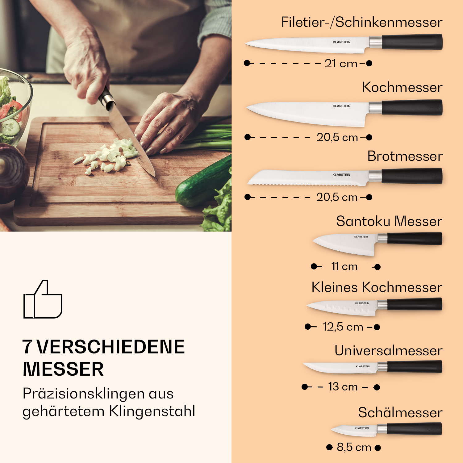 Ein Holzschneidebrett mit verschiedenen Messern und Gemüse, eine Person schneidet.