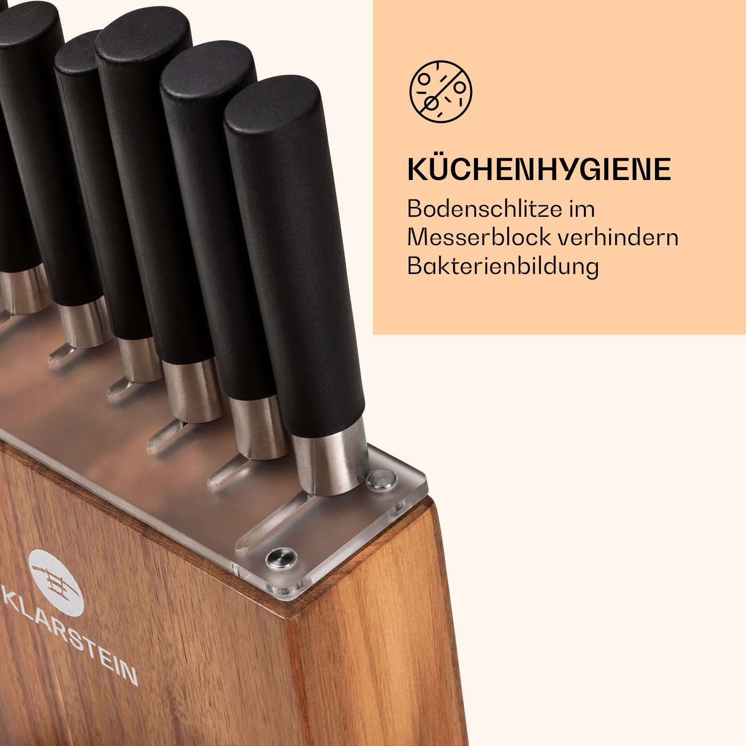Messersatz in Holzblock, mit Text über Küchenhygiene.