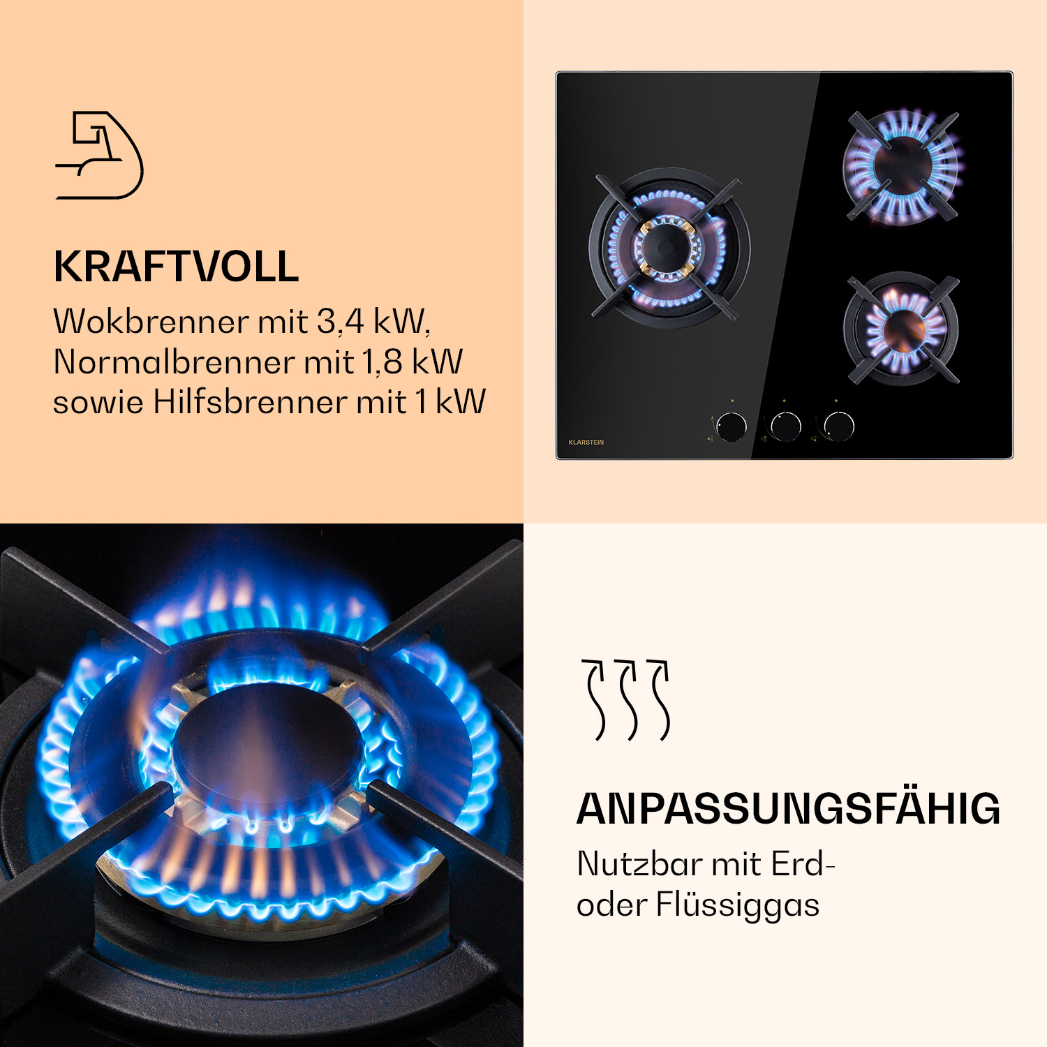 Gasherd mit drei Brennern, zwei davon mit blauen Flammen. Textboxen links und rechts.