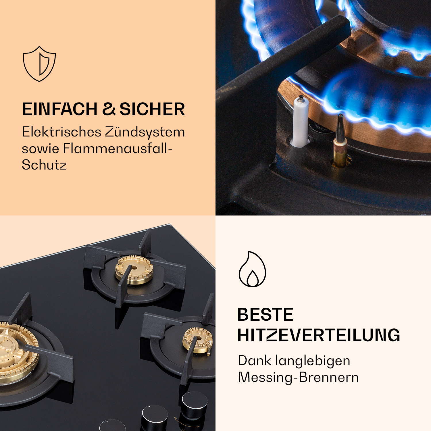 Gasherd mit blauen Flammen und Text, der die Sicherheitsmerkmale beschreibt.