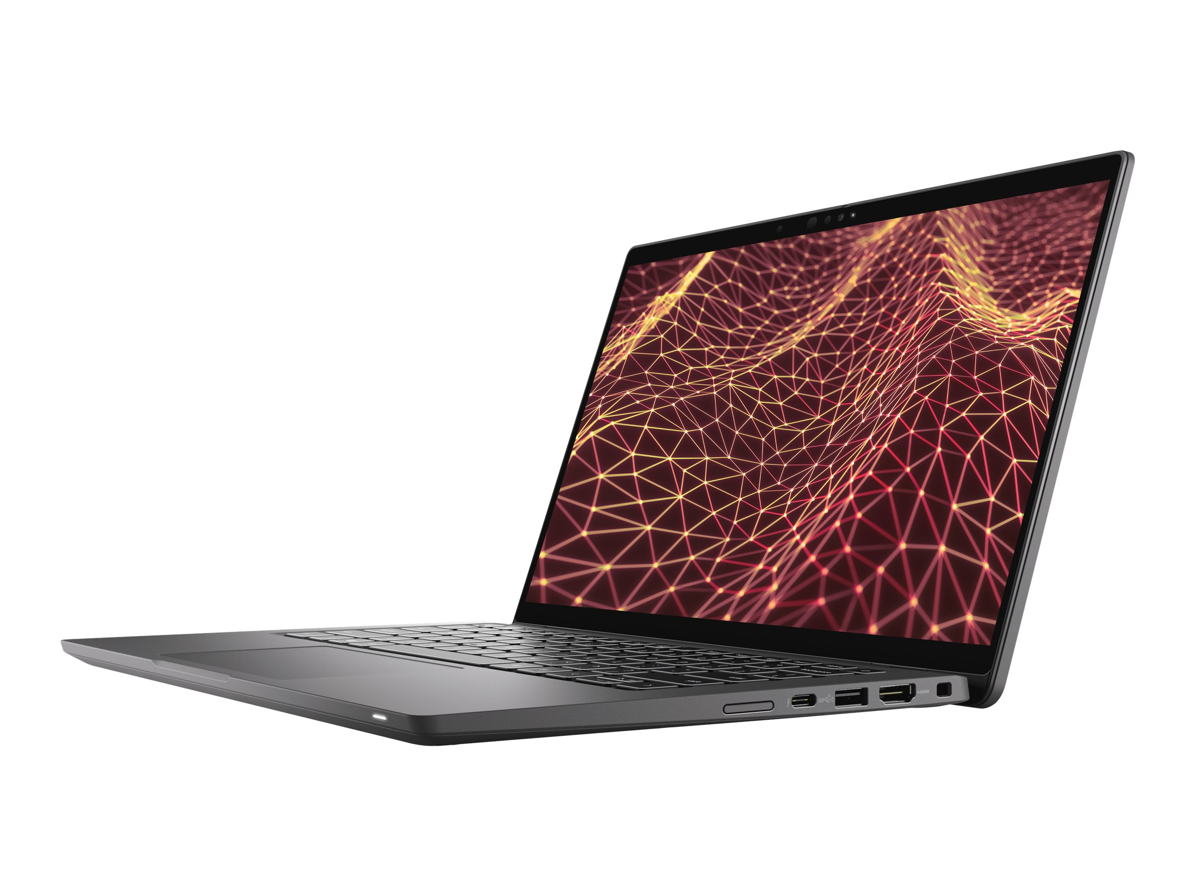Laptop na białym tle, ekran wyświetlający czerwono-żółty projekt sieci.