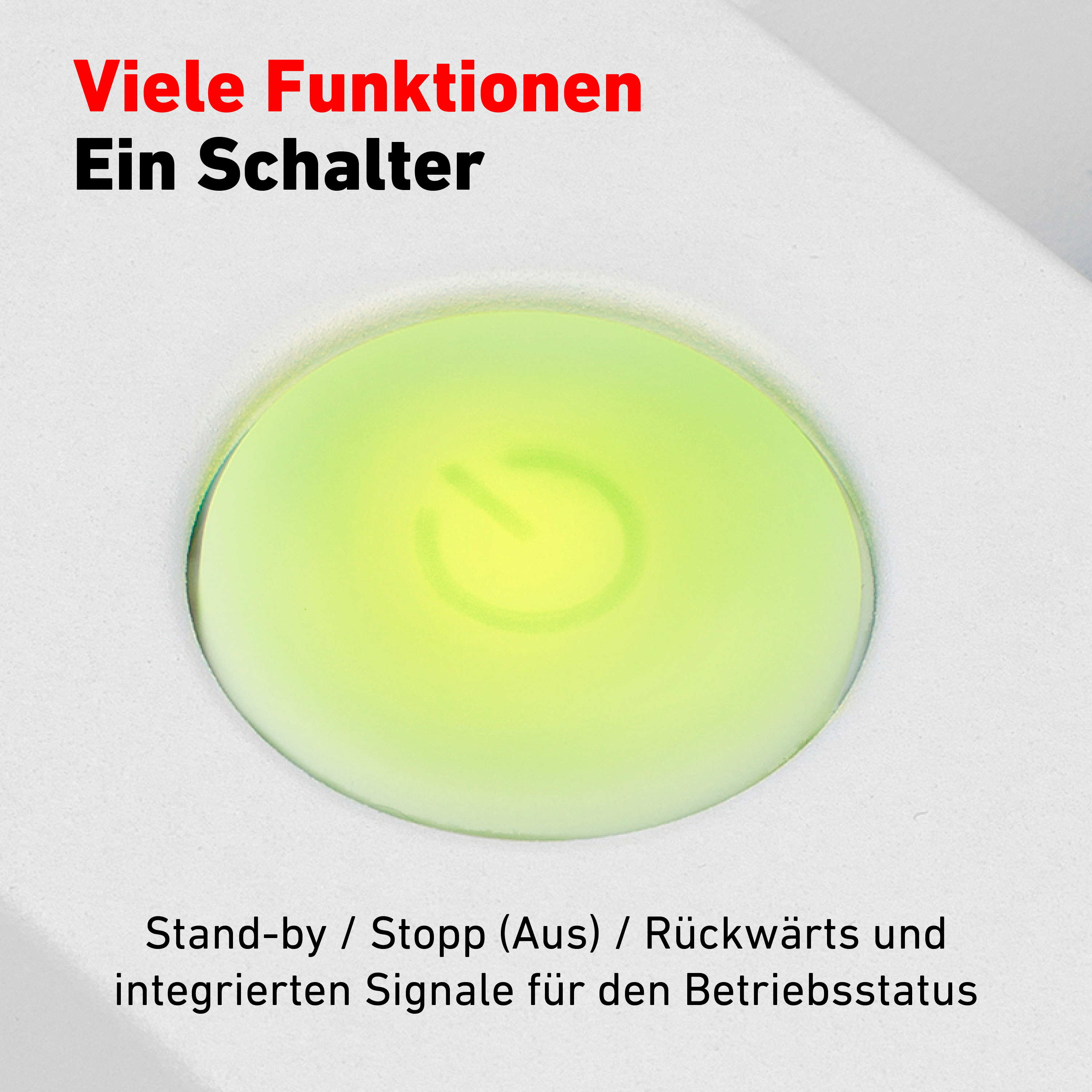 Ein grün beleuchteter Power-Knopf. Der Knopf befindet sich auf einer weißen Oberfläche mit Text darunter.