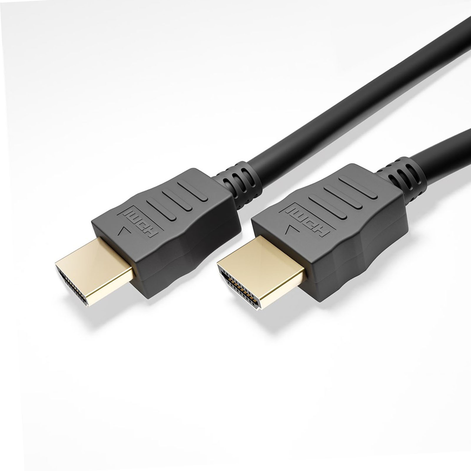 Zwei schwarze HDMI-Kabel mit goldenen Steckern auf weißem Hintergrund.