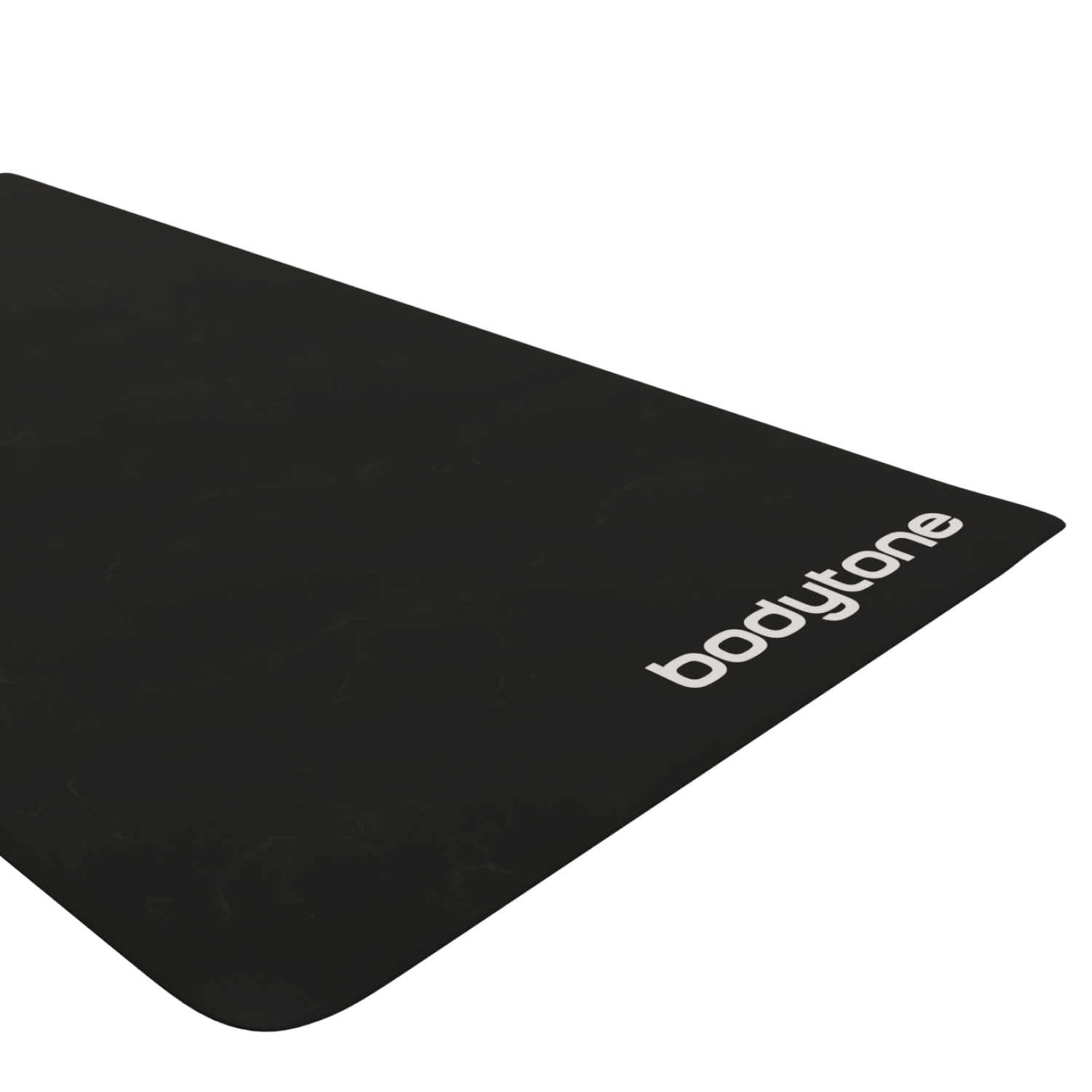 Un tappetino da yoga nero con la parola "bodytone" in bianco, su sfondo bianco.