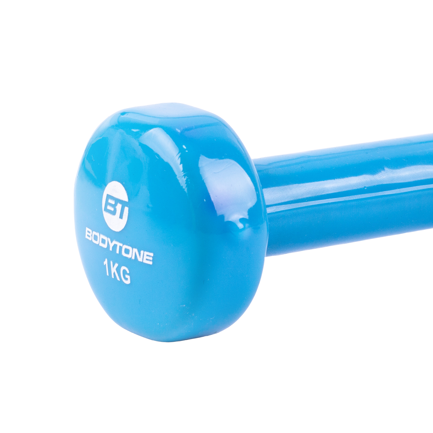 Manubrio blu da 1 kg con testo 'Bodytone' bianco. Isolato su sfondo bianco.