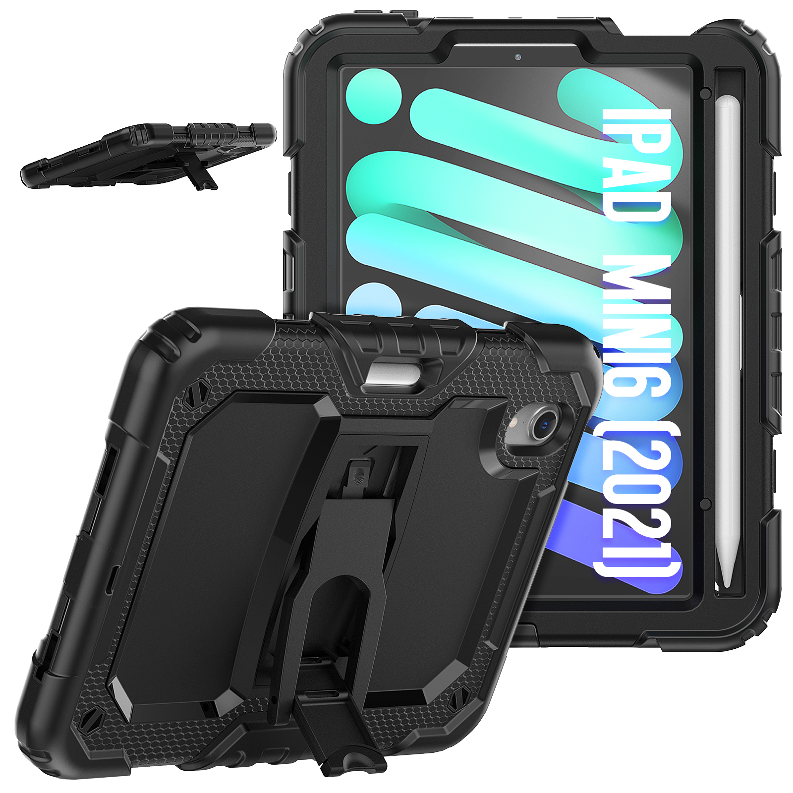Eine schwarze Tablet-Hülle mit Ständer und Stift. Das Tablet zeigt eine digitale Anzeige.
