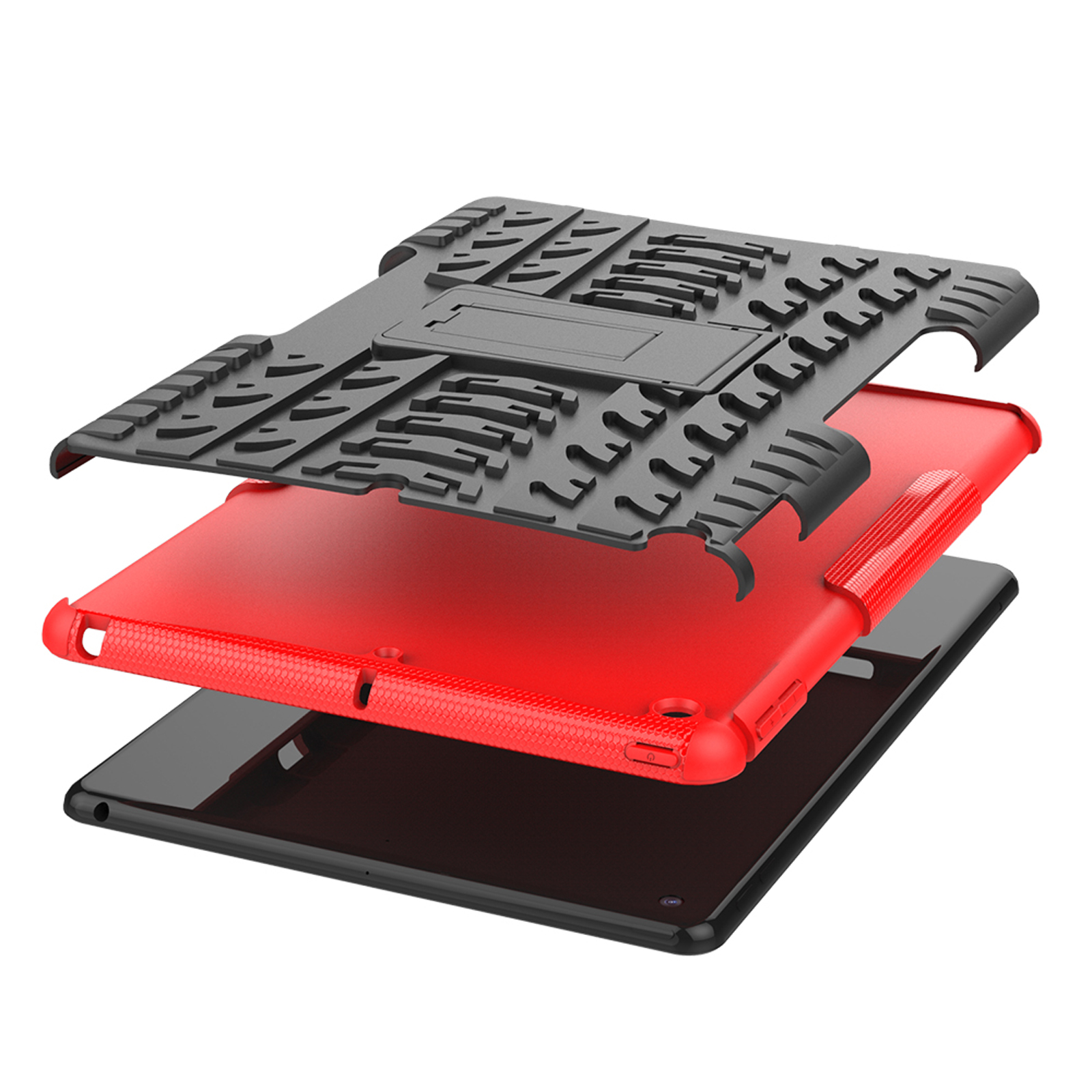 Eine Explosionsansicht einer Tablethülle. Sie ist schwarz und rot.