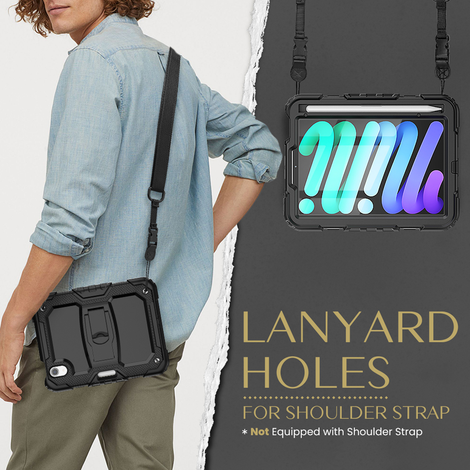 Person trägt schwarze Tablethülle mit Schulterriemen; Text: 'Lanyard Holes'.