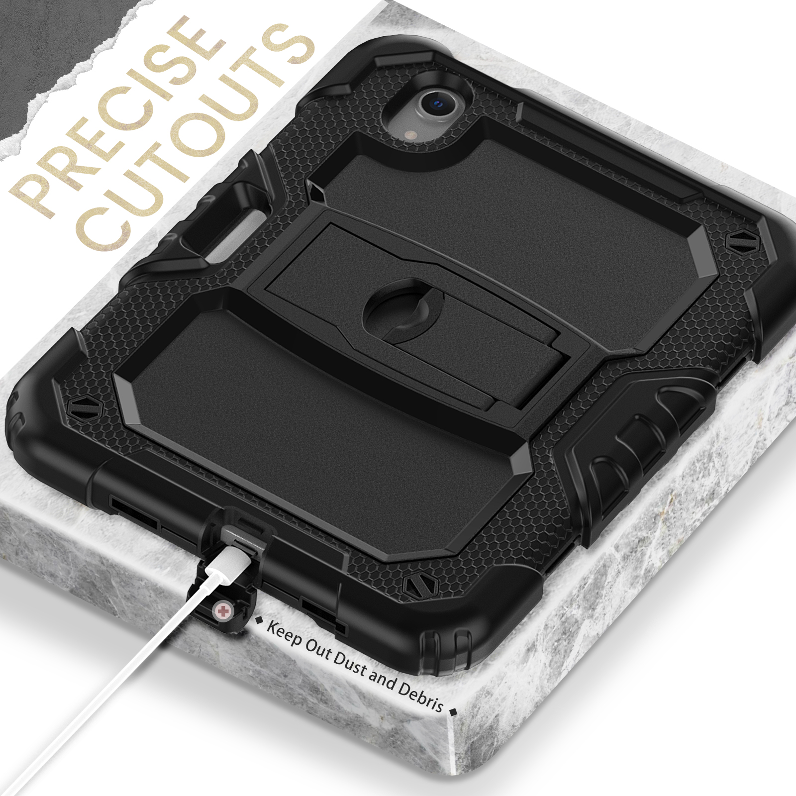 Eine schwarze Schutzhülle für ein iPad, mit weißem Ladekabel.