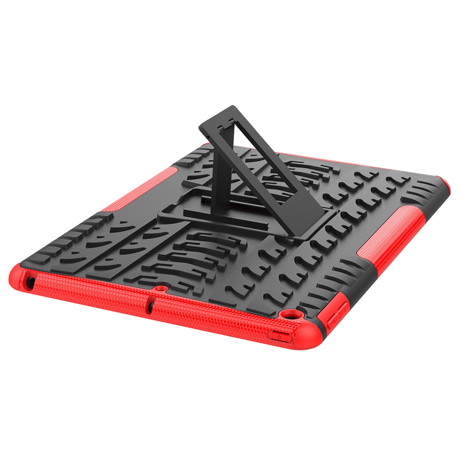 Eine rot-schwarze Tablethülle mit einem Ständer, der das Tablet stützt.