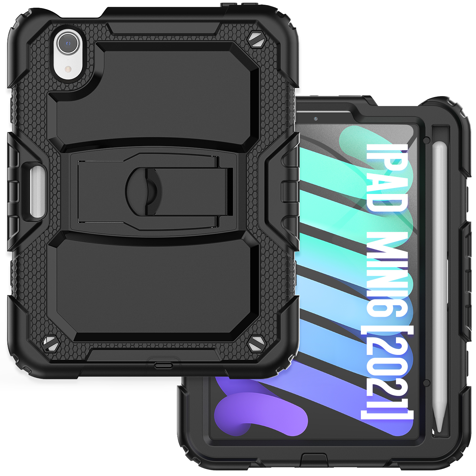 Schwarze iPad Mini Hülle mit robustem Design, Ständer und Stifthalter. Das Display zeigt ein iPad.