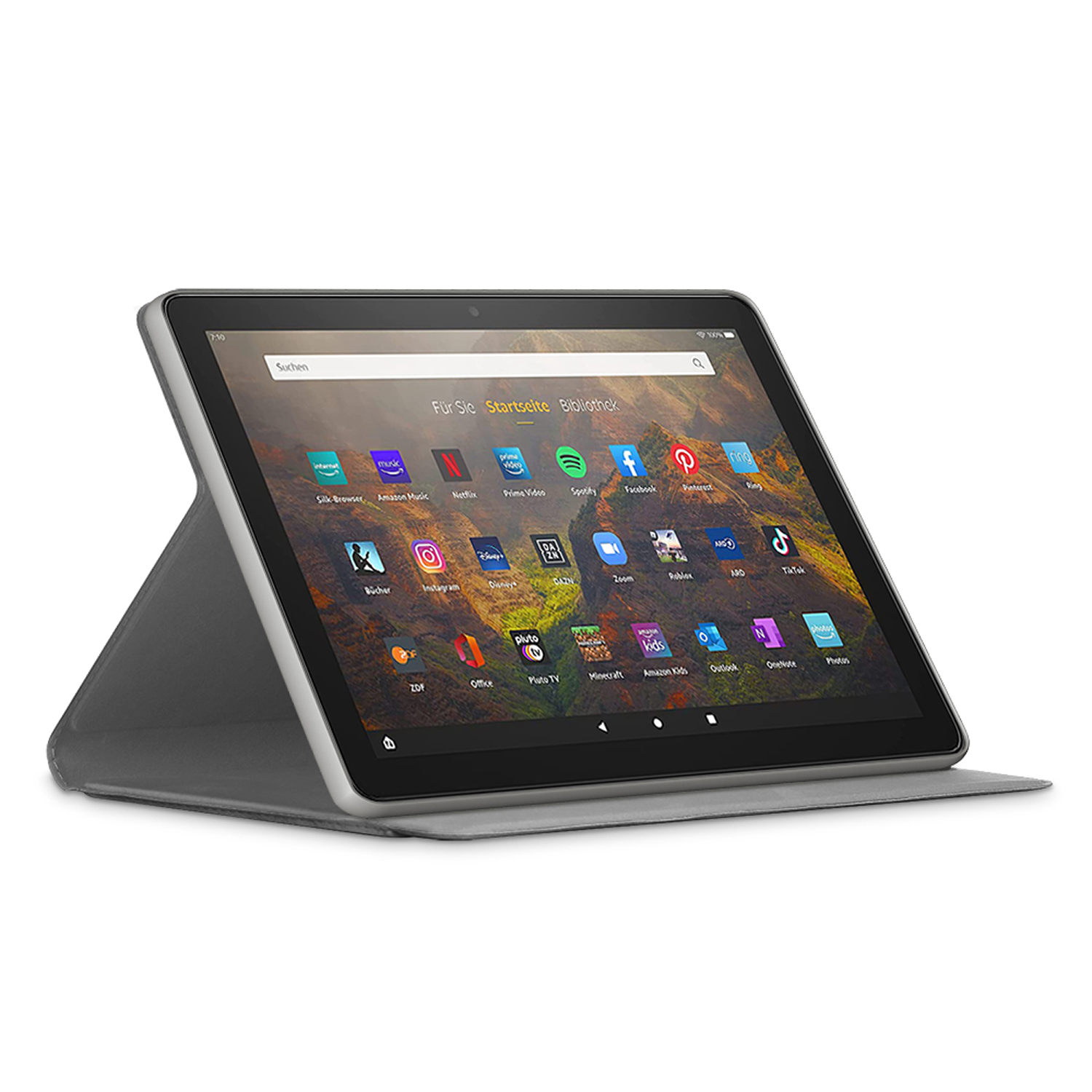 Tablet mit Apps, in einem grauen Case, auf weißem Hintergrund.