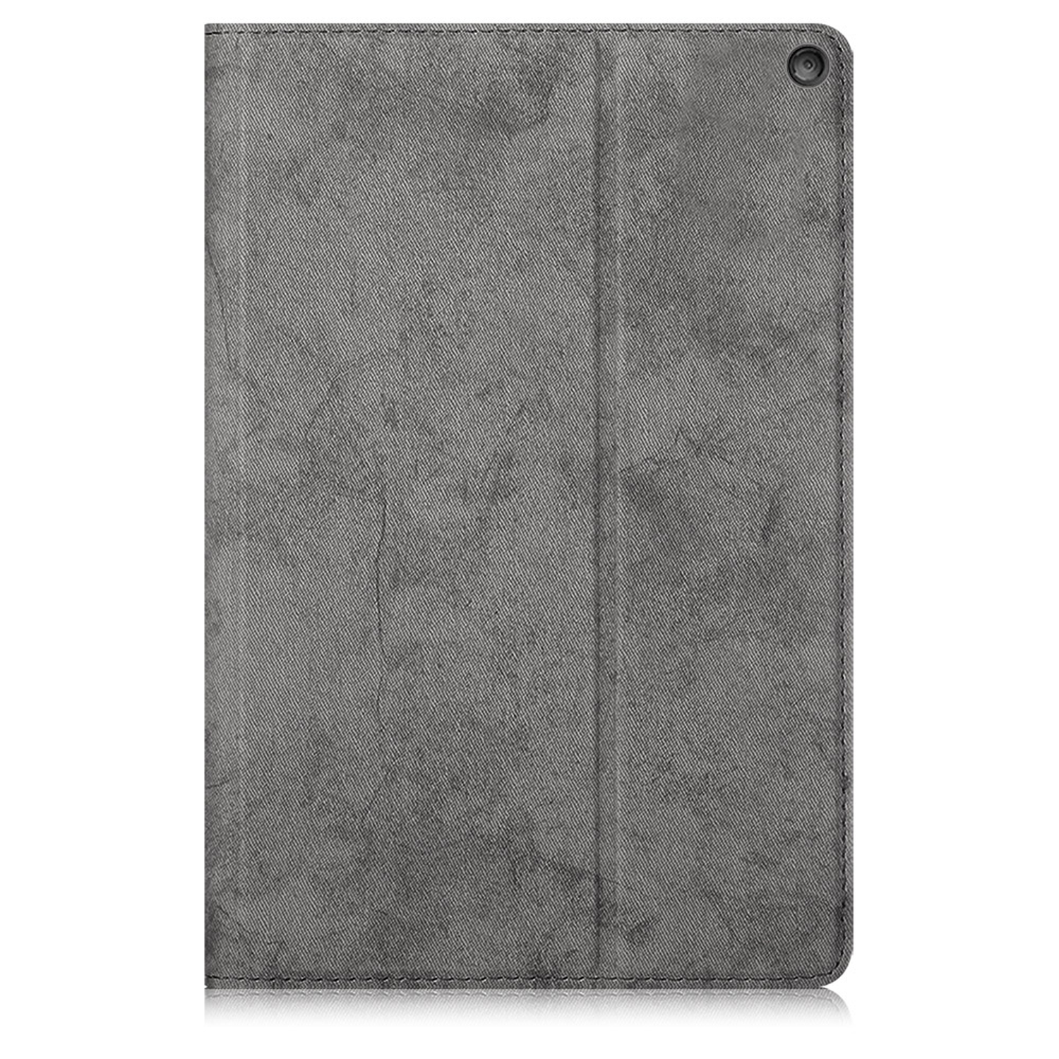 Eine graue Tablet-Hülle mit strukturierter Oberfläche. Die Hülle ist geschlossen, die Vorderseite zeigend.