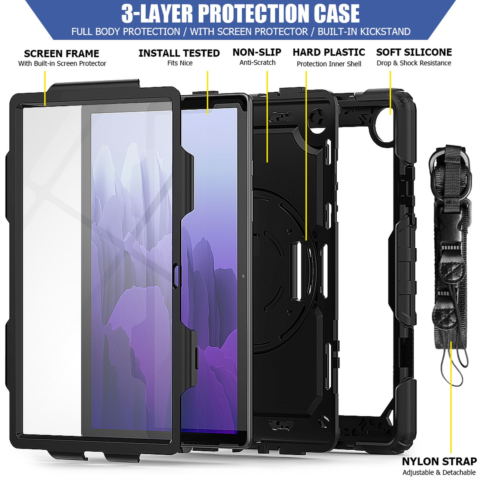 LOBWERK 4in1 Schutzhülle Case Samsung Galaxy A7 Kunststoff, Zoll SM-T500 für Tab T505 Bookcover Schwarz 10.4