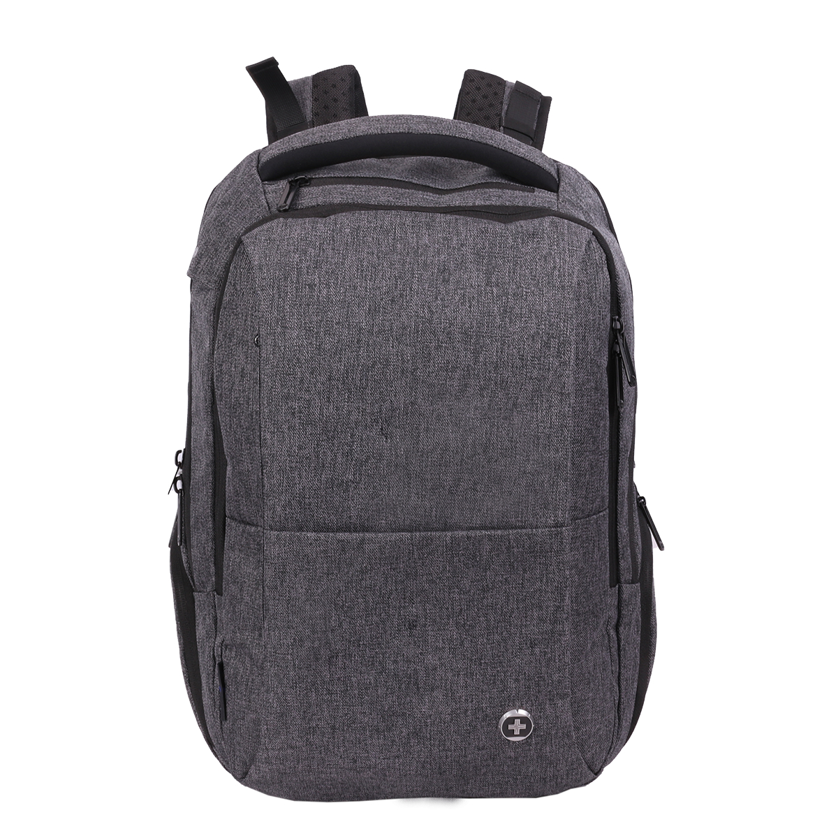 Grauer Rucksack mit mehreren Fächern und Reißverschlüssen. Weißer Hintergrund.