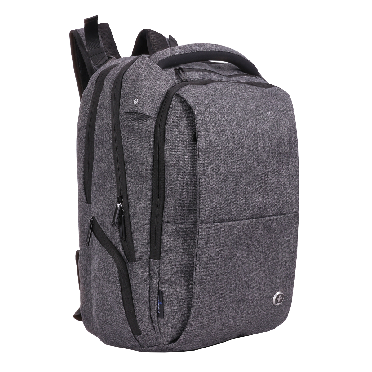 Grauer Rucksack mit schwarzen Akzenten. Reißverschlüsse und eine Seitentasche sichtbar.