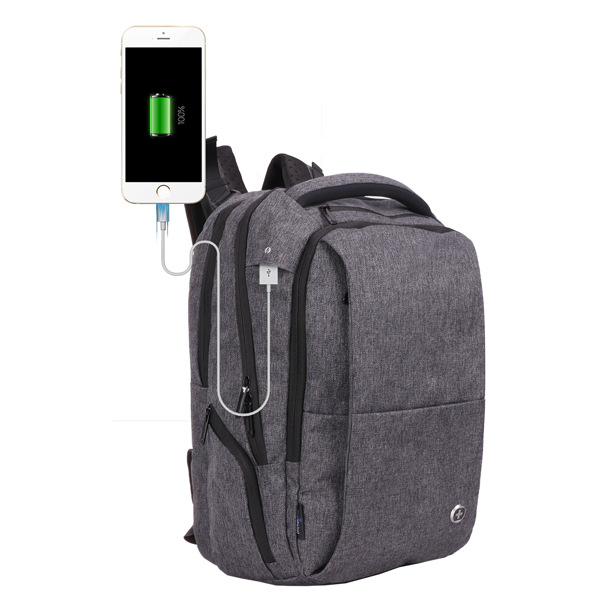 Grauer Rucksack mit Ladetelefon. Telefon ist weiß, Kabel eingesteckt.