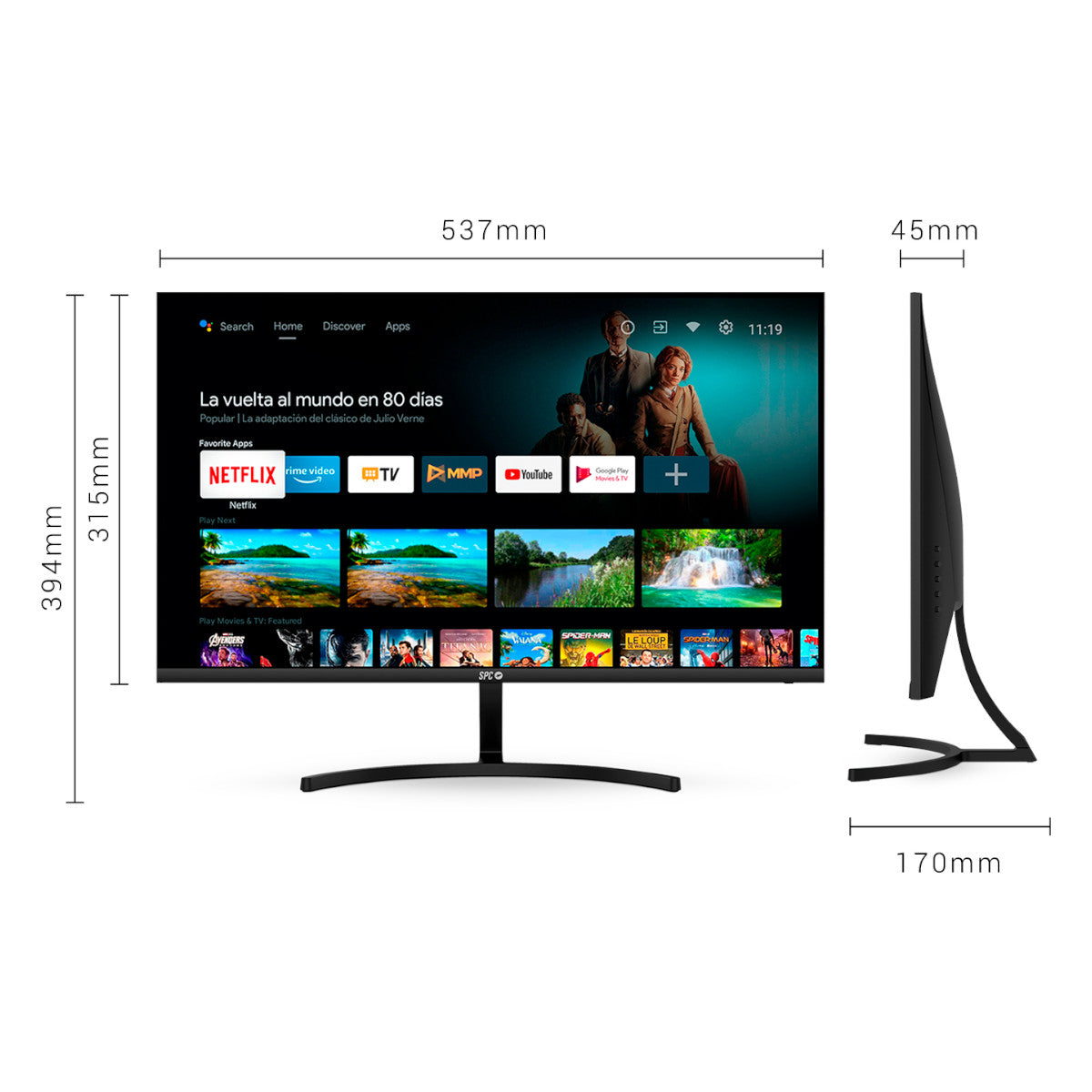 Pantalla de TV negra mostrando película, dimensiones mostradas izquierda y derecha.