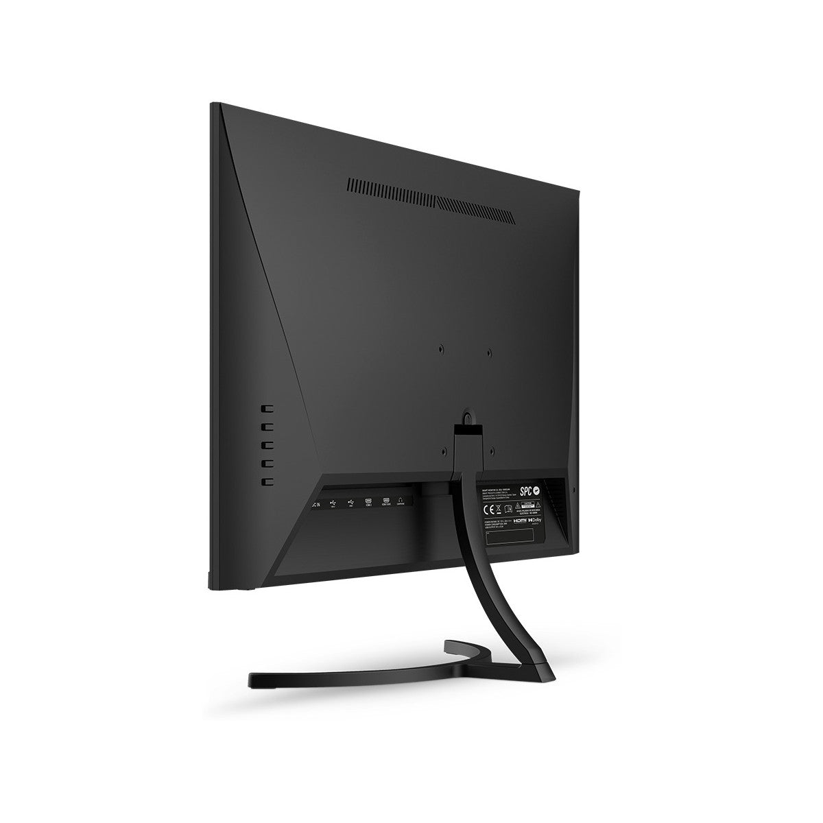Monitor de computadora negro desde la parte trasera. Panel trasero con puertos y soporte.