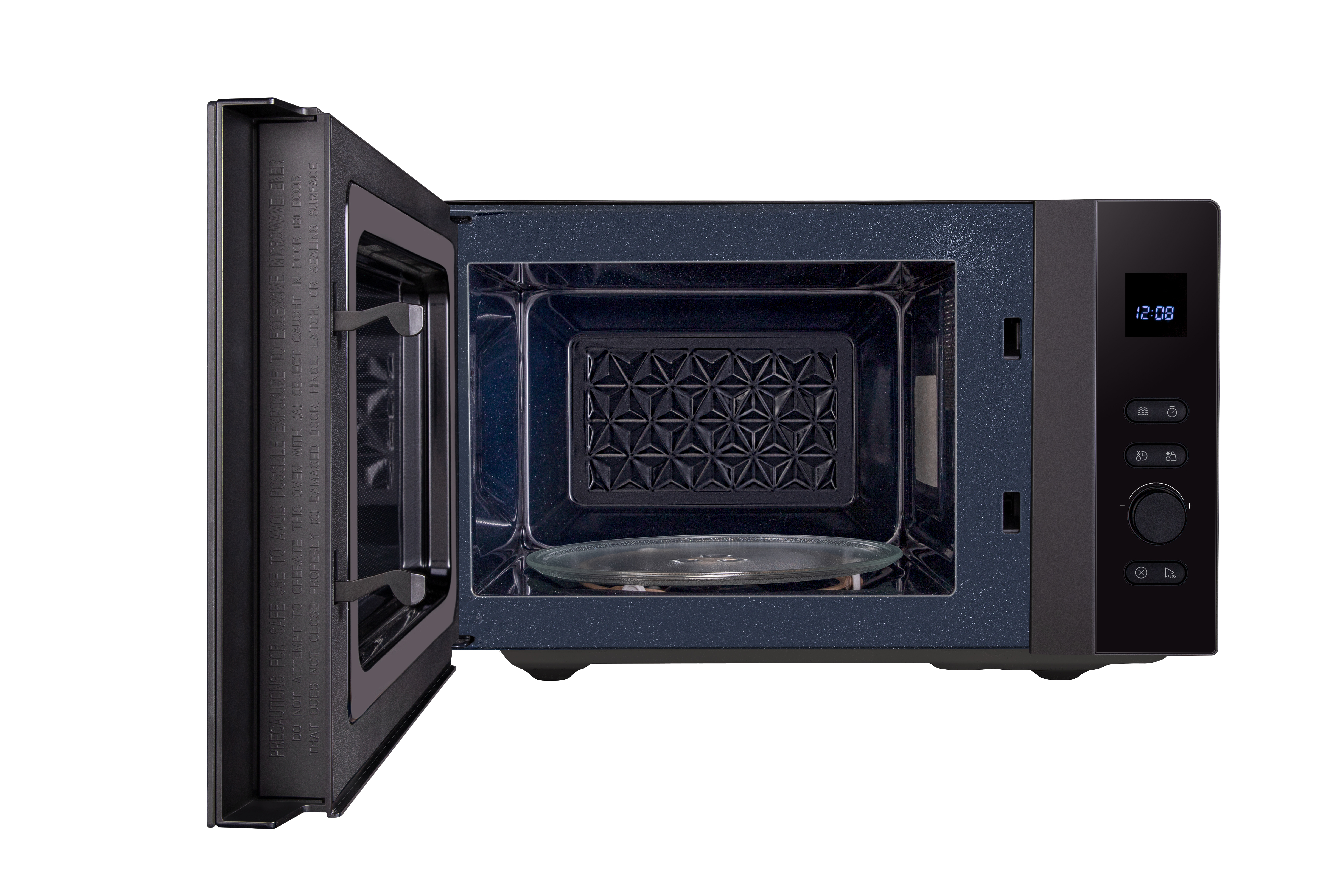 Forno a microonde nero aperto con un piatto di vetro all'interno, isolato su sfondo bianco.