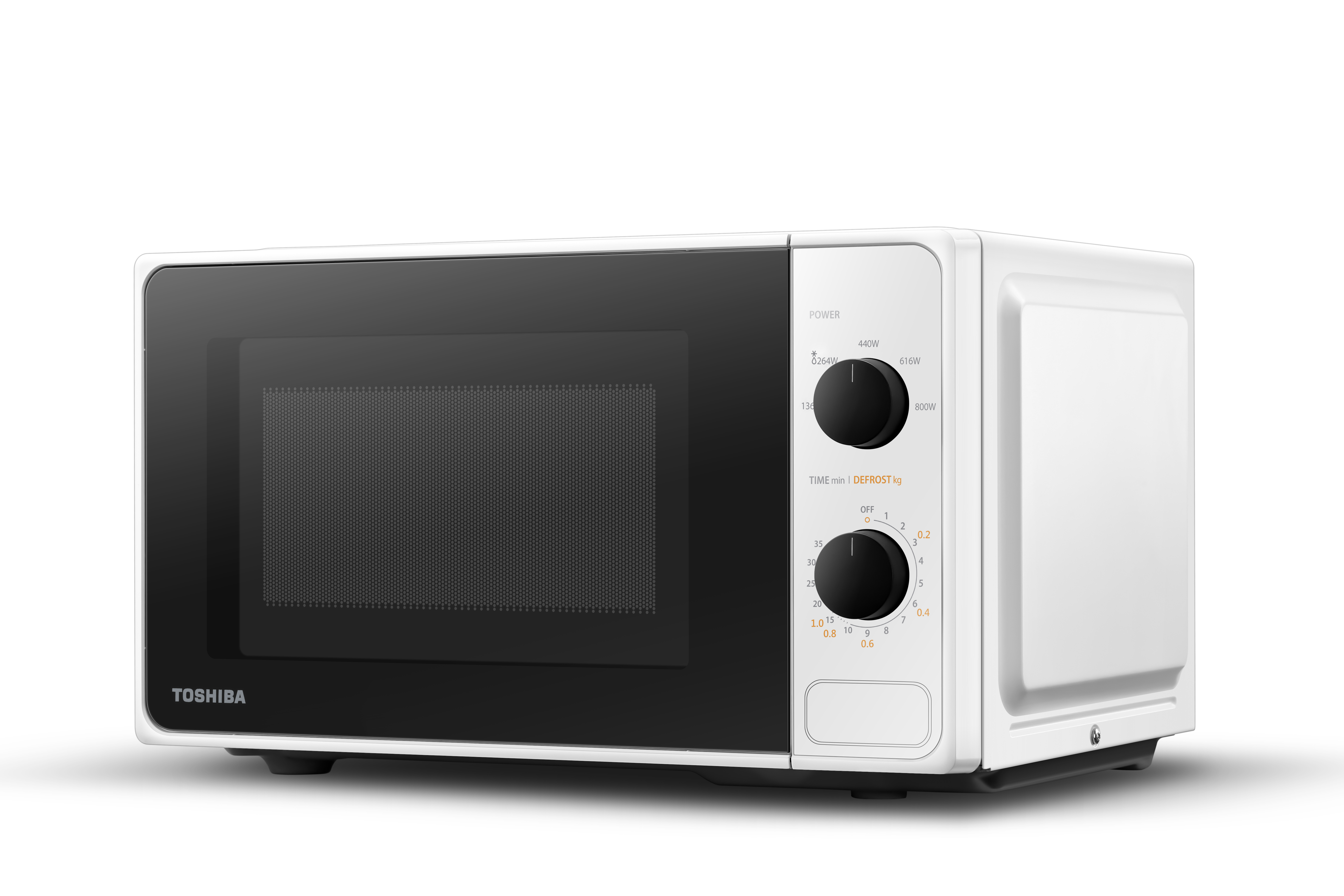 Un horno microondas blanco Toshiba con puerta y panel de control negros. Hay perillas para la potencia y el tiempo.