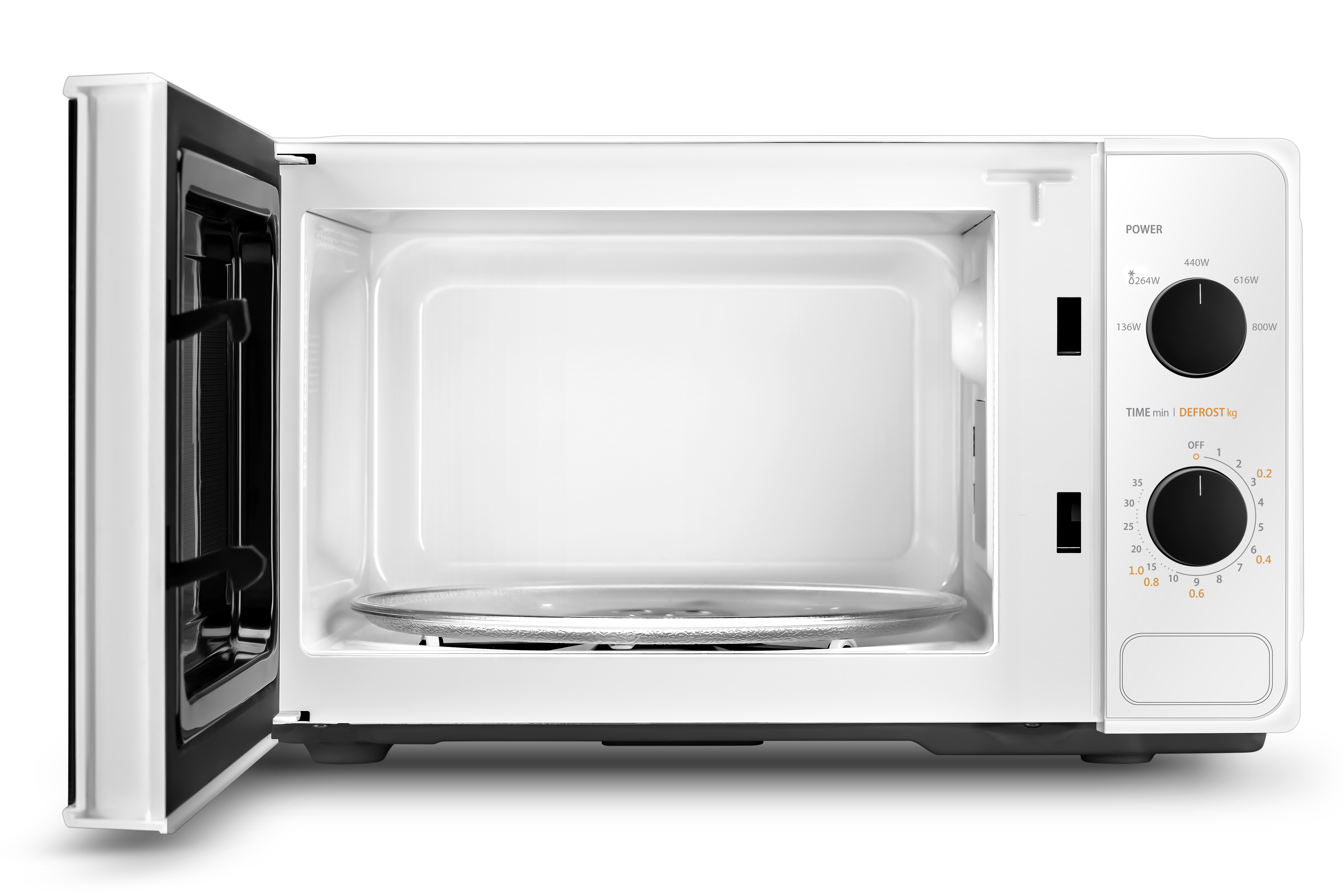 Microondas abierto. Plato de vidrio dentro, exterior blanco. Mandos de potencia y tiempo a la derecha.