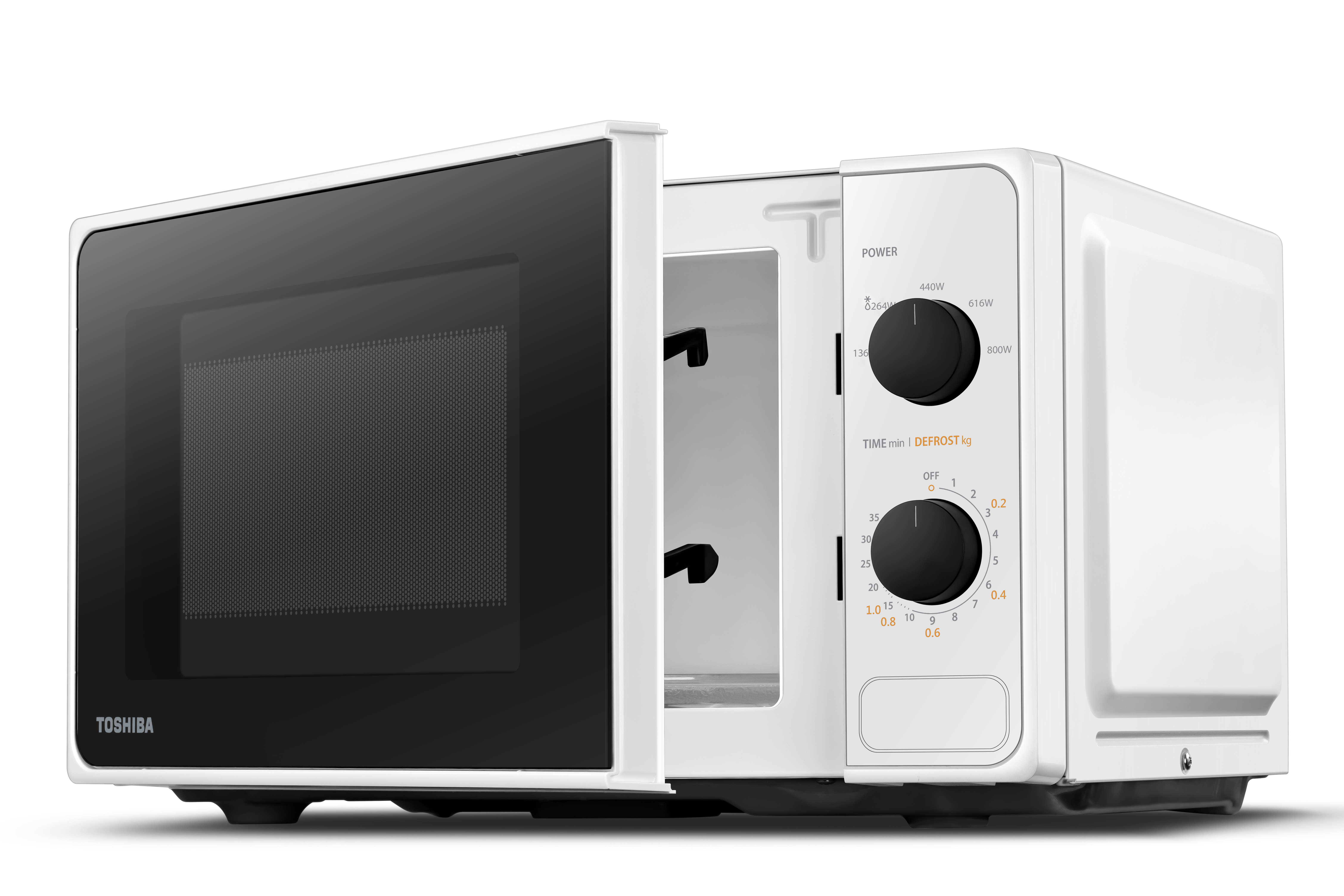 Horno microondas blanco con puerta abierta. Tiene botones y diales para ajustes.
