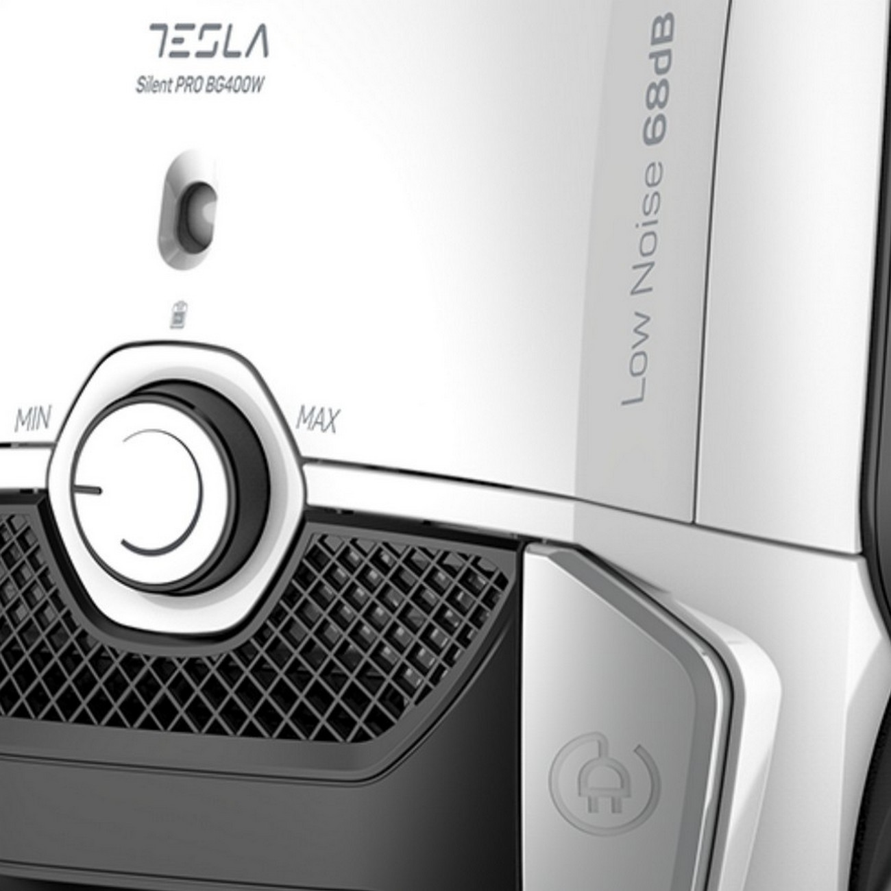 Zbliżenie białego i czarnego odkurzacza. Ma pokrętło sterowania i tekst na nim.