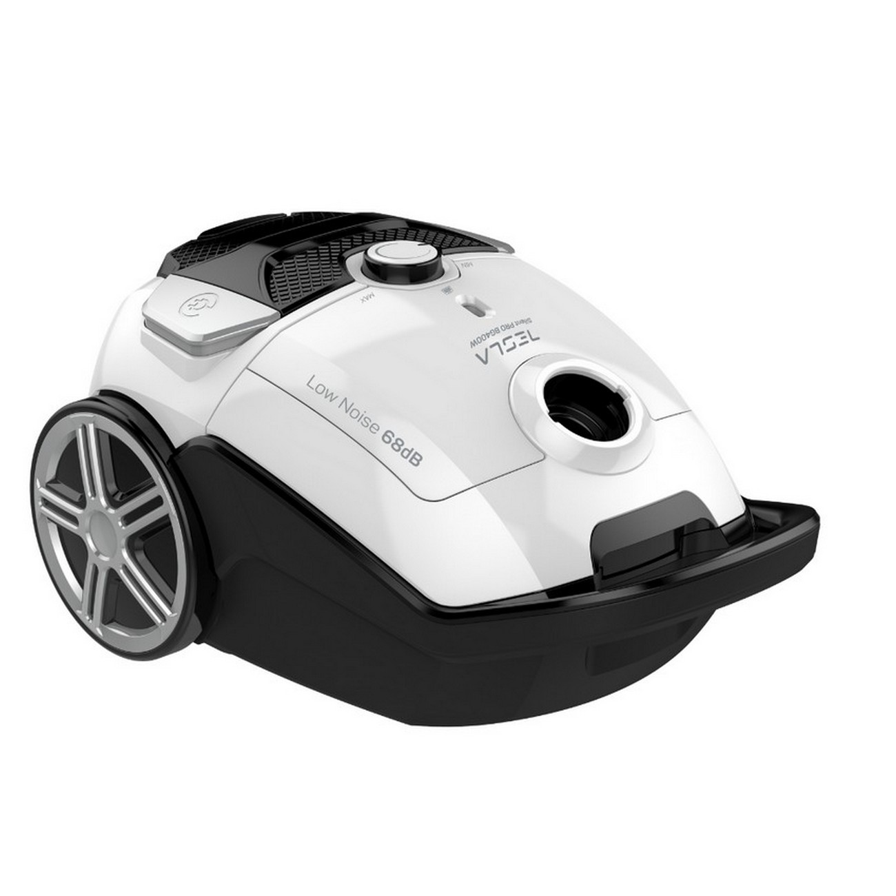 Biało-czarny odkurzacz Tesla z tekstem o niskim poziomie hałasu z boku.