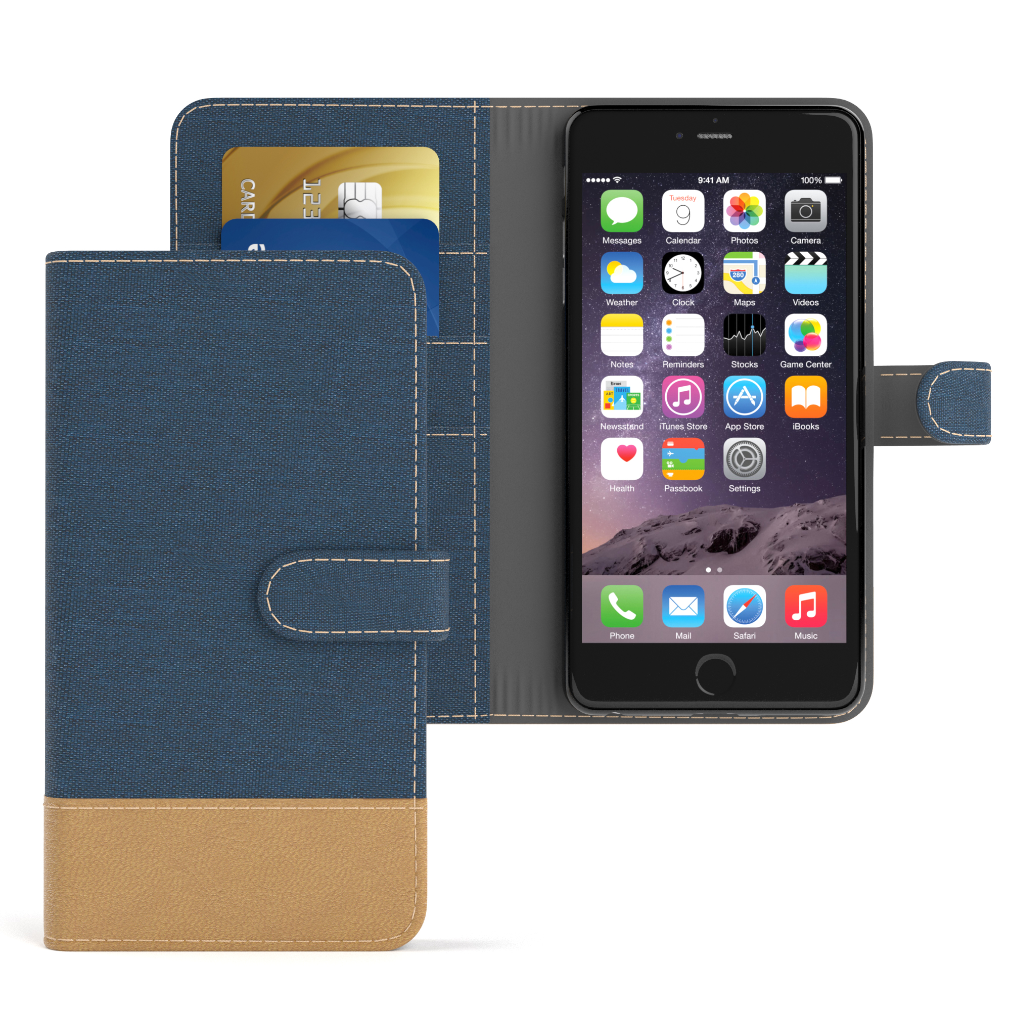 iPhone / Apple, Blau Kartenfach, Klapphülle CASE Plus 6S Plus, Bookstyle 6 EAZY Bookcover, mit Jeans