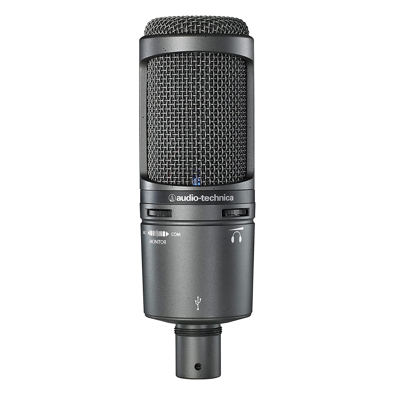 Ein graues Mikrofon mit Metallgitter und dem Audio-Technica-Logo.