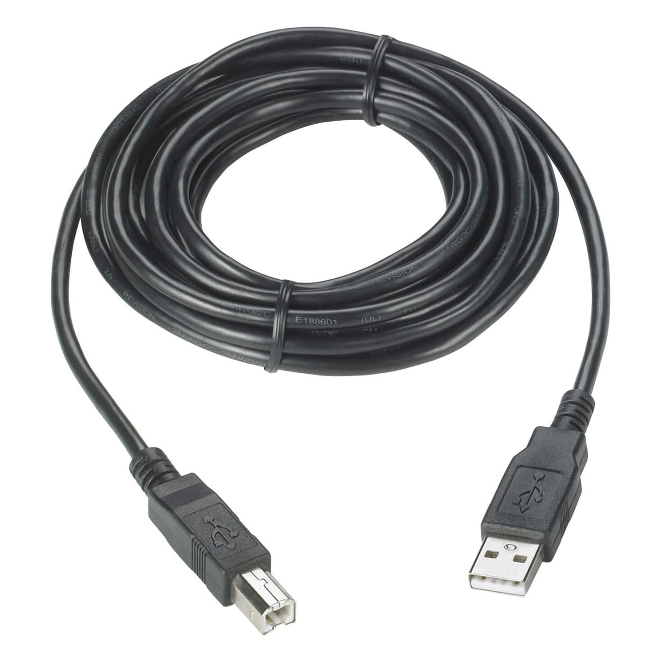 Schwarzes USB-Kabel aufgerollt. Zwei USB-Anschlüsse an beiden Enden. Hintergrund ist weiß.