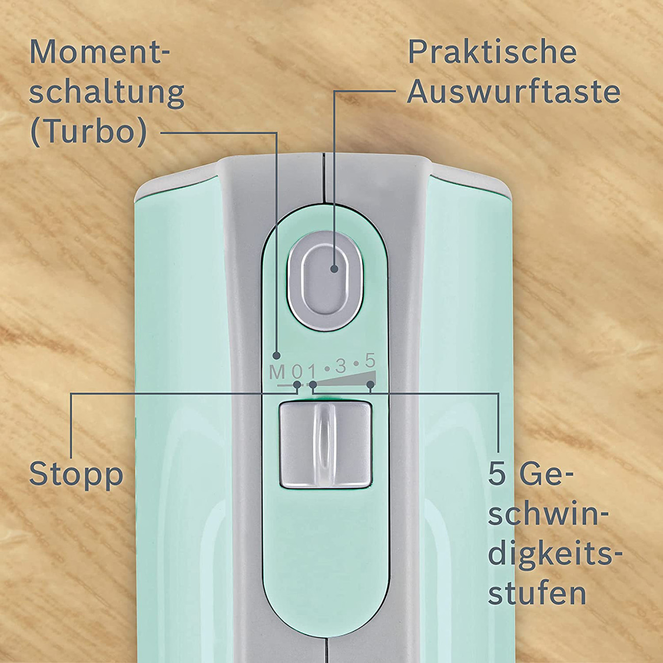 Close-up of a hand mixer control panel. Features buttons for stop, turbo, and speed settings. The device is mint green.