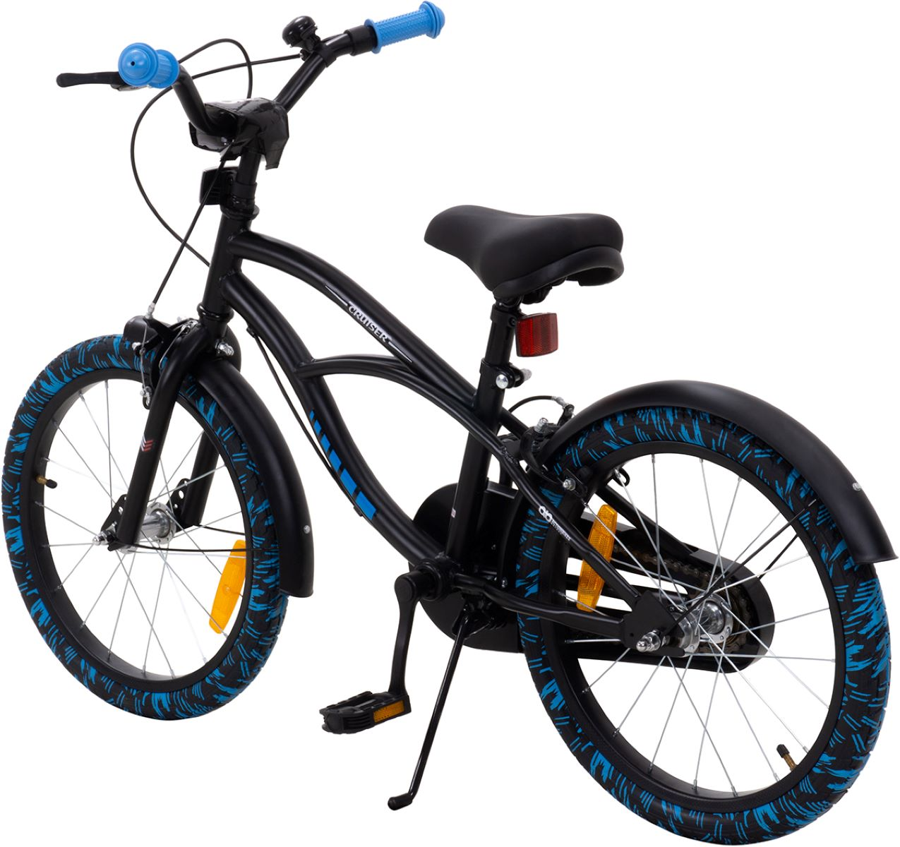 Schwarzes Fahrrad mit blauen Akzenten. Blaue Reifen und Lenker. Gelbe Reflektoren.