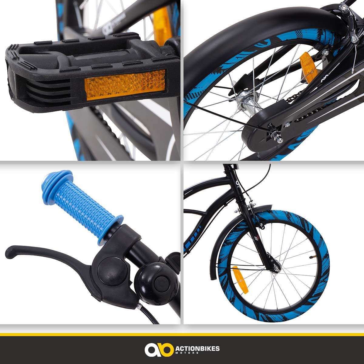 Vier Bilder eines Fahrrads, Nahaufnahmen von Pedalen, Rädern, Lenker und Teilen.