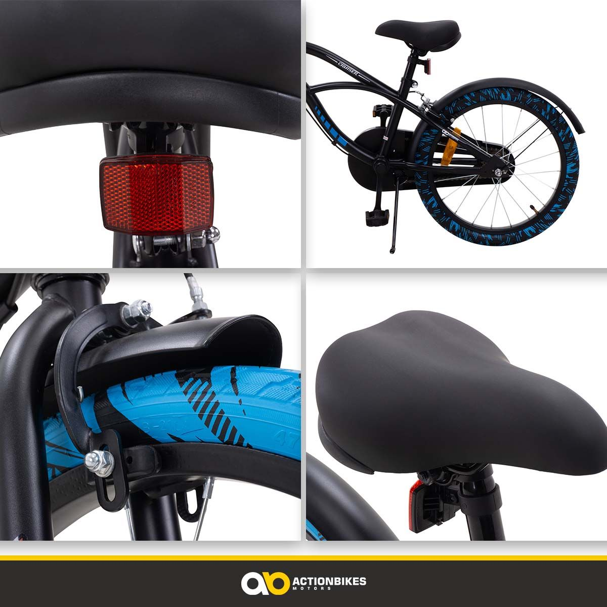 Fahrradteile in einer Collage. Schwarzer Rahmen, blaue Reifen, Sitz und Reflektoren.