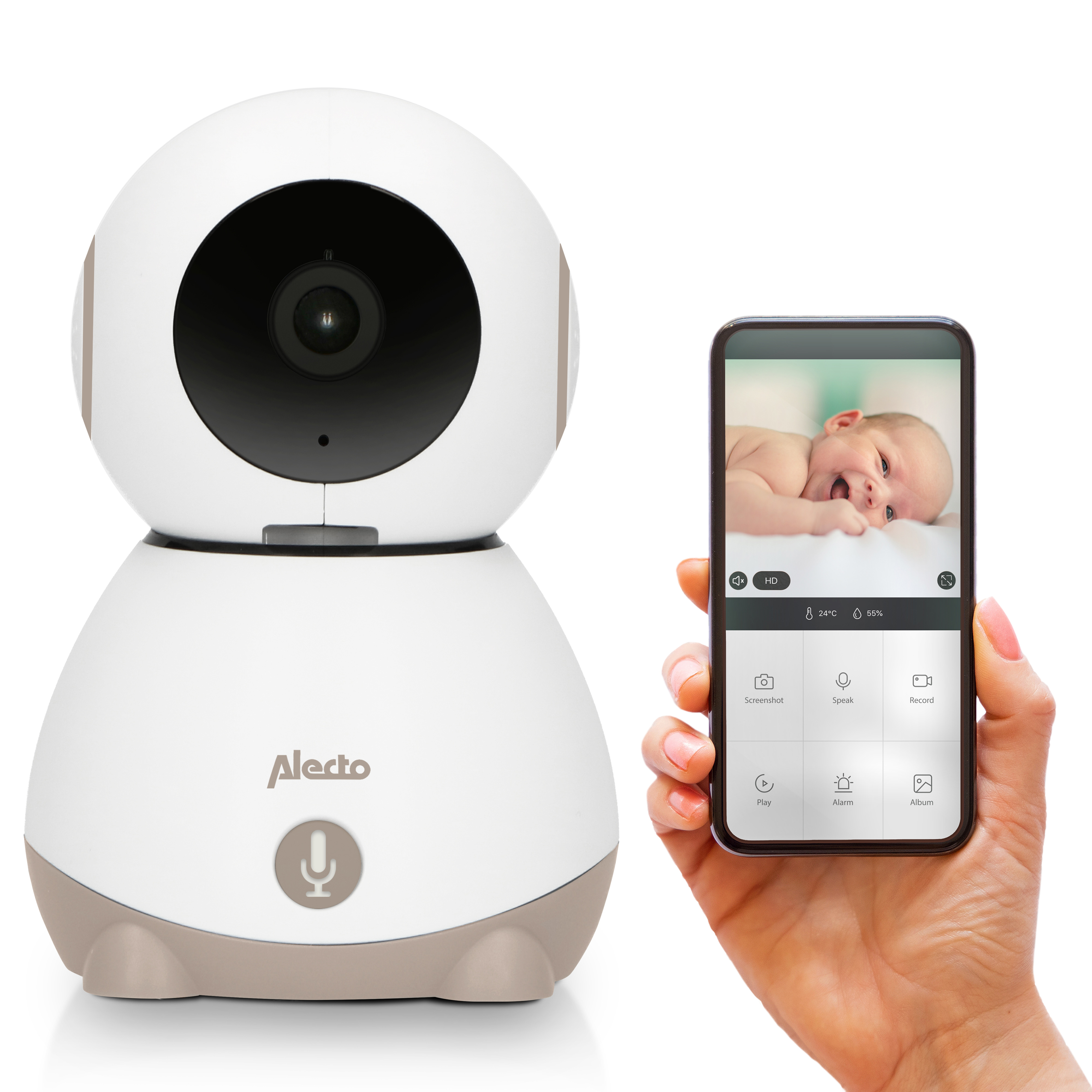 Ein Babyphone mit Kamera und ein Telefonbildschirm, der ein Baby zeigt.