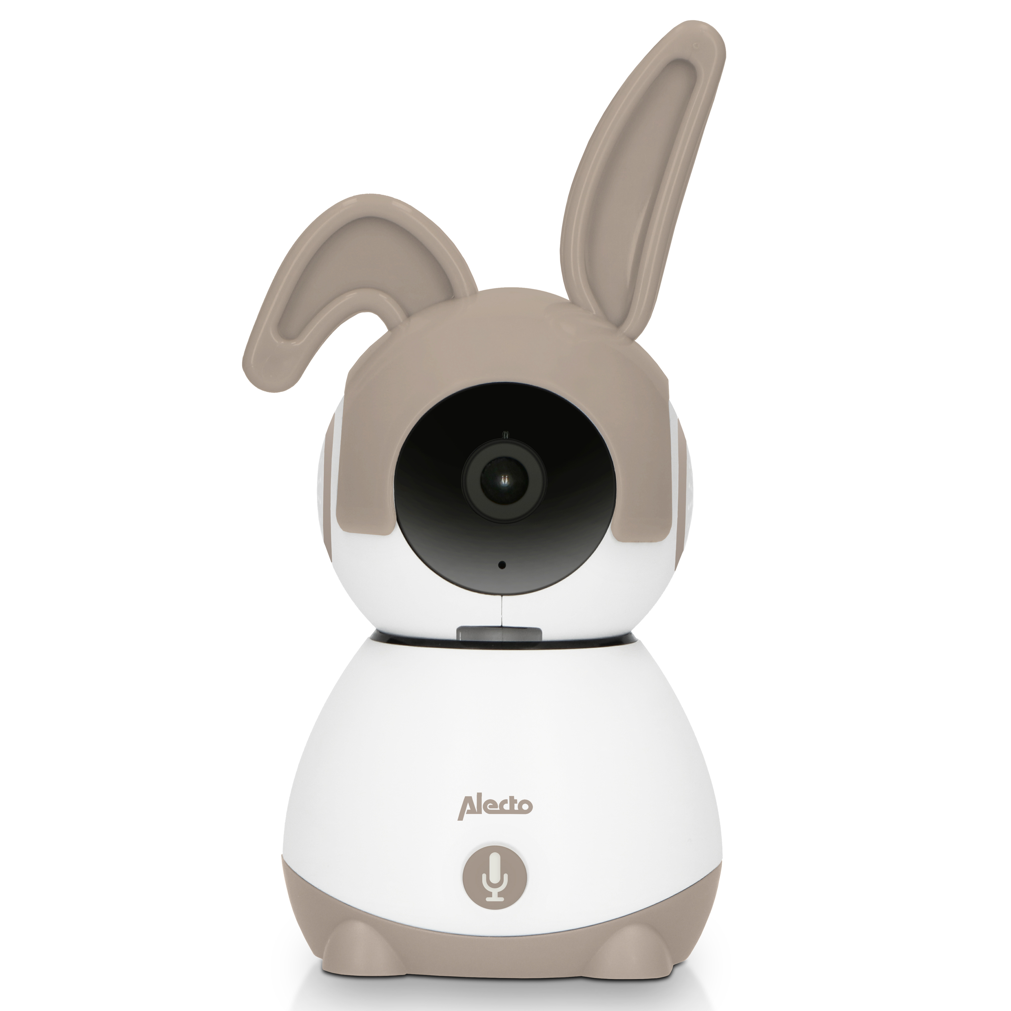 Weiß-brauner Babyphone-Hase mit Kamera und Mikrofon.