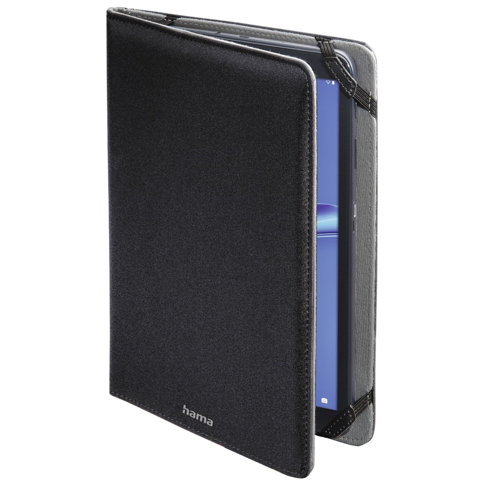 Schwarze Tablet-Hülle mit Tablet darin. Weißer Hintergrund.