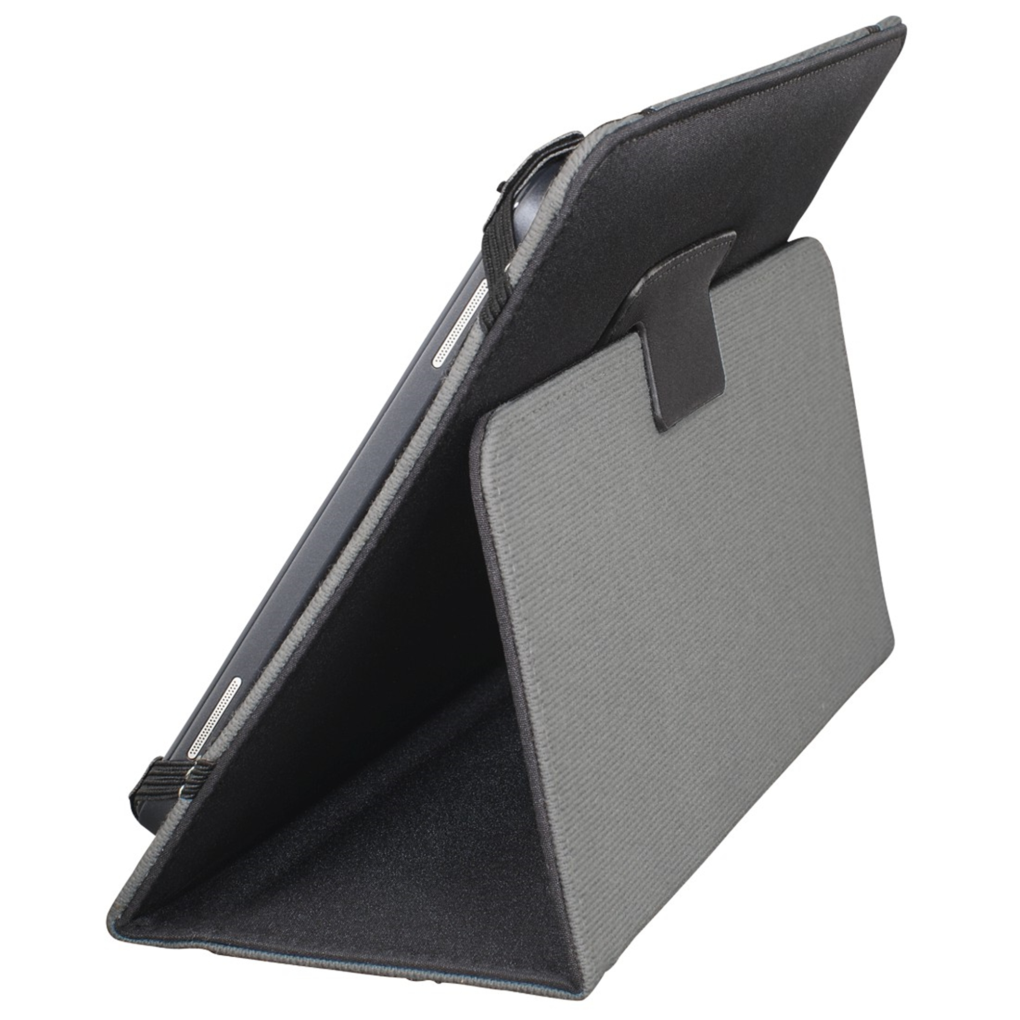 Tablet-Hülle, grau, mit Standfunktion. Die Hülle ist geöffnet und zeigt den Bildschirm und den Ständer.
