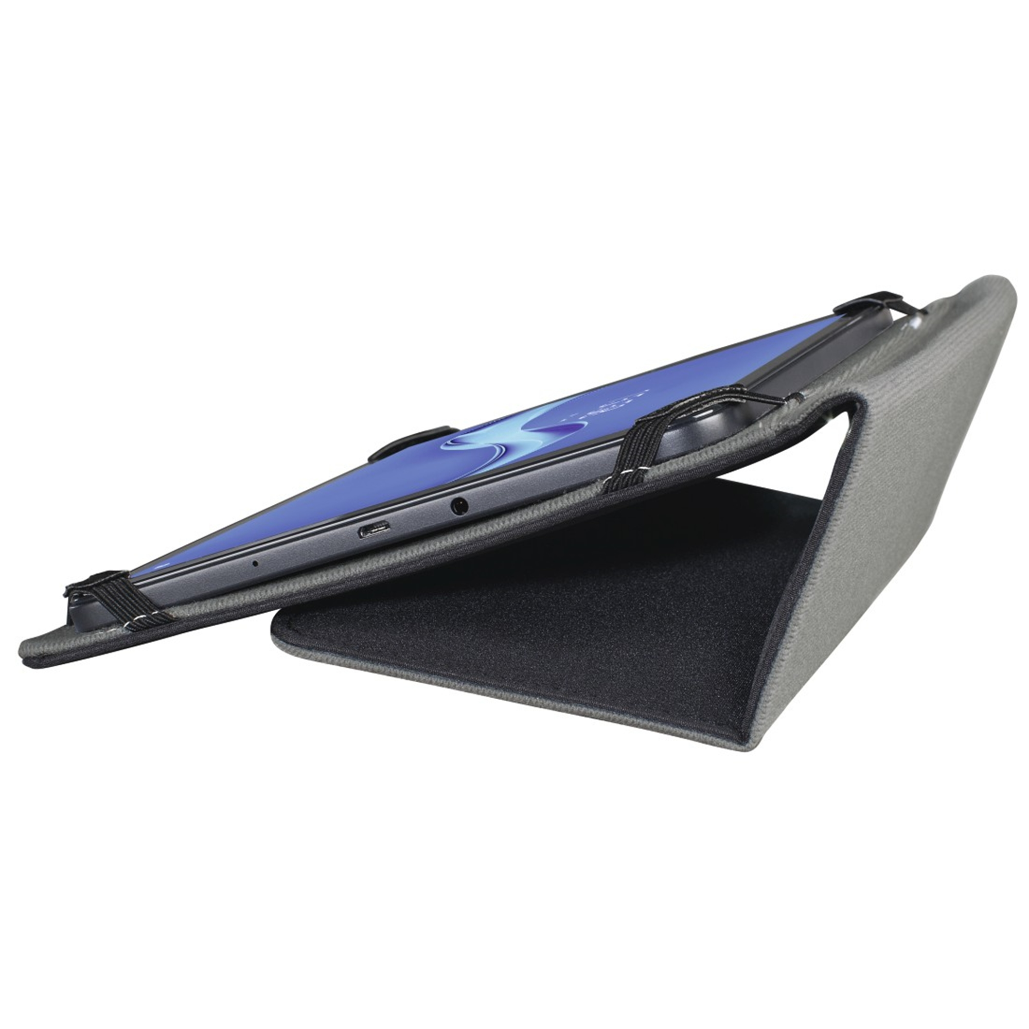 Eine graue Tablethülle mit einem Tablet darin, schräg aufgestellt.
