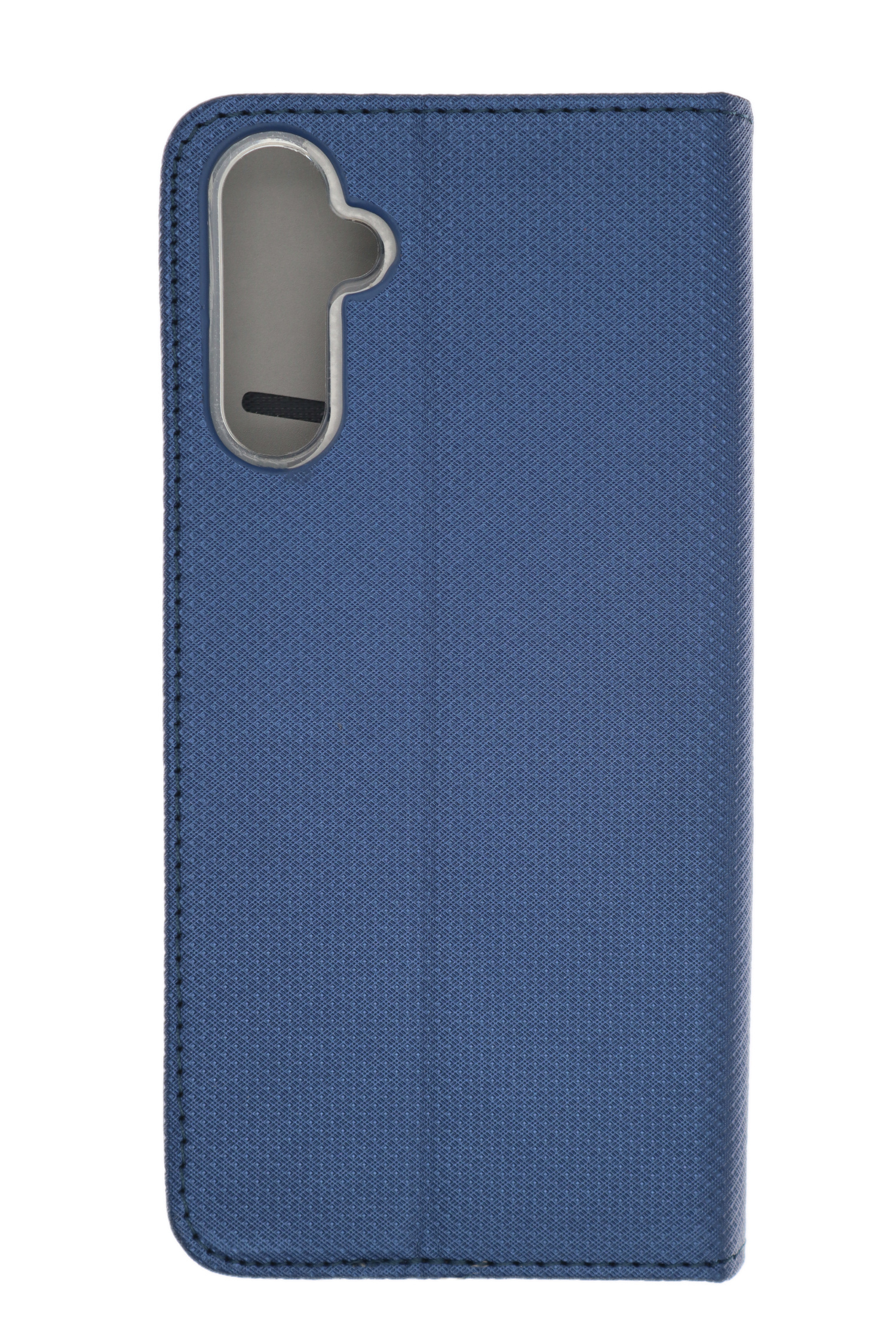 Eine blaue Handyhülle mit Textur, mit Kamera-Loch und Nahtdetails.