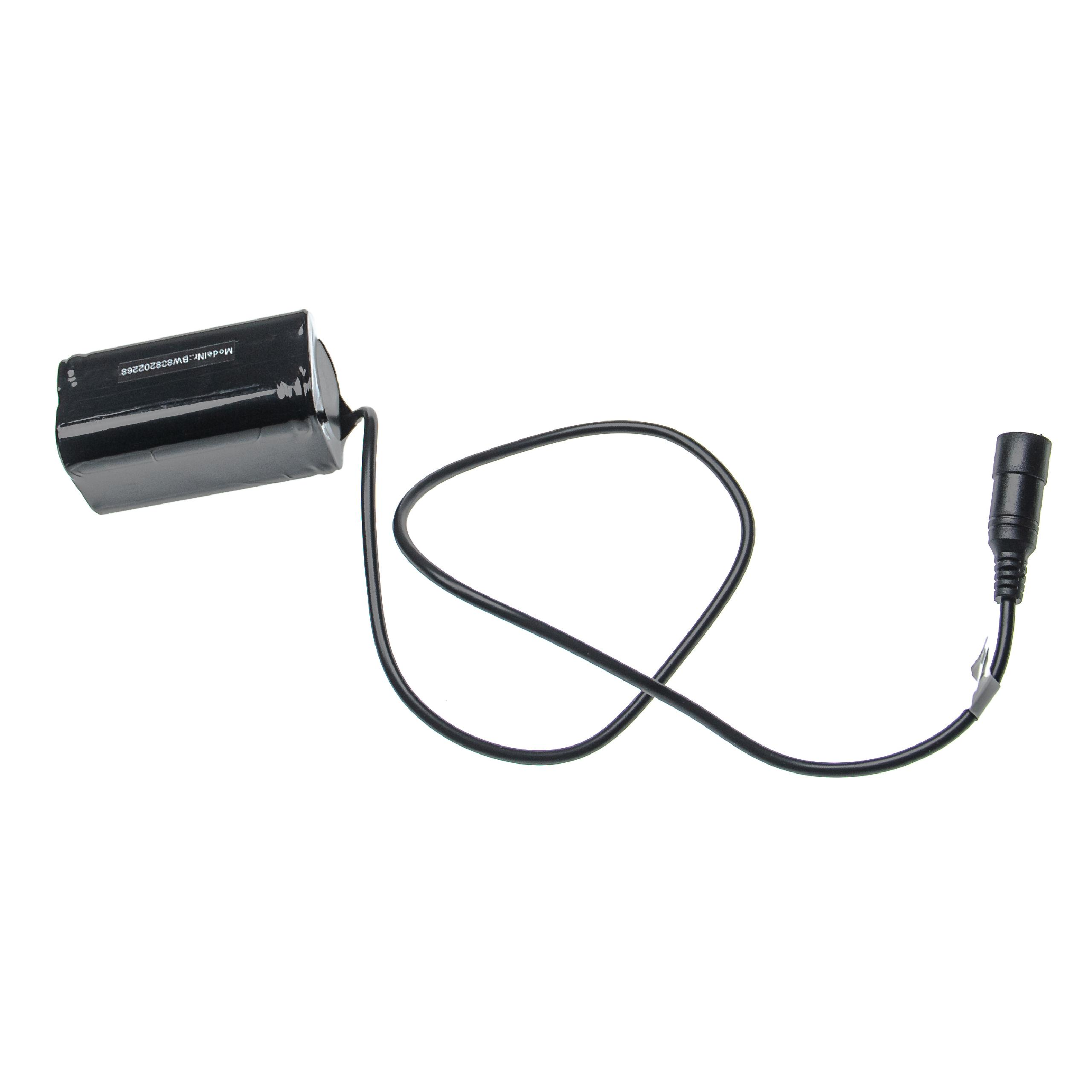 Eine schwarze Batterie mit einem schwarzen Kabel und einem schwarzen Stecker. Drähte sind verbunden.