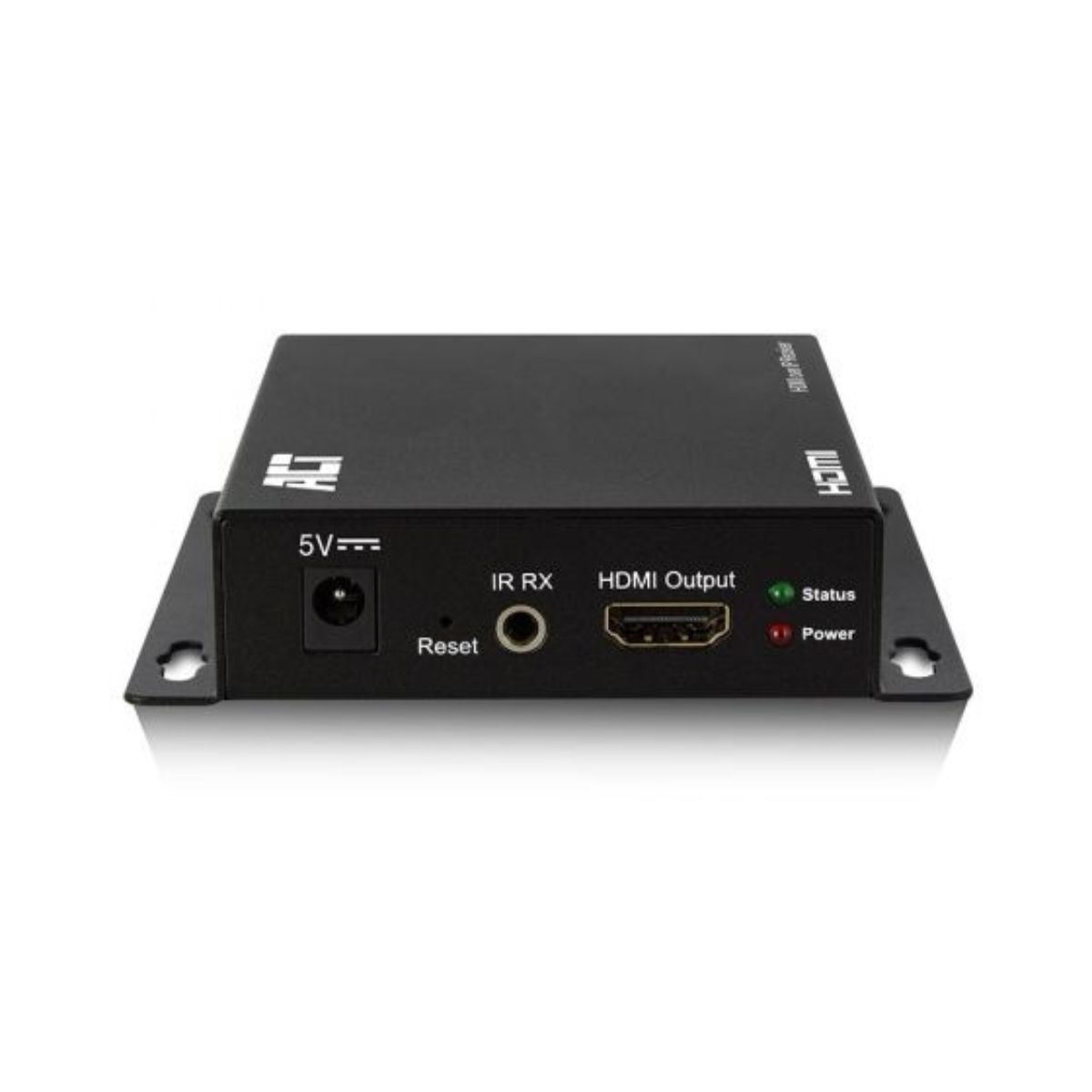 Schwarzes HDMI-Gerät mit Anschlüssen, Beschriftungen und einer Reset-Taste. Weißer Hintergrund.