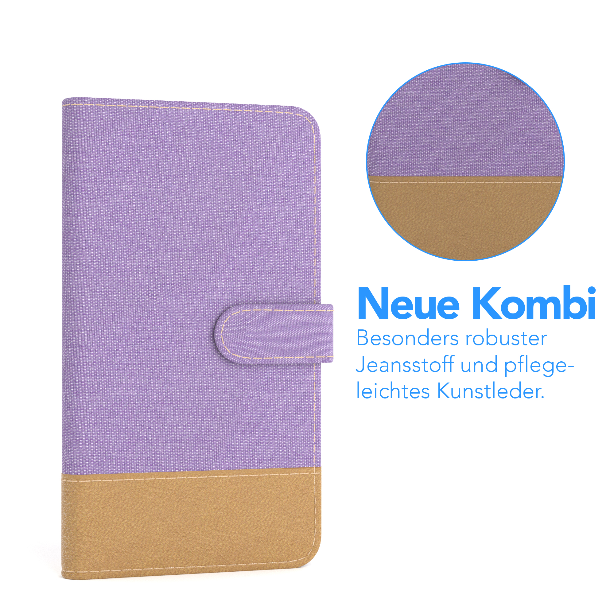 Lila Tablethülle mit braunem Unterteil. Nahaufnahme zeigt Textur und Farbe.
