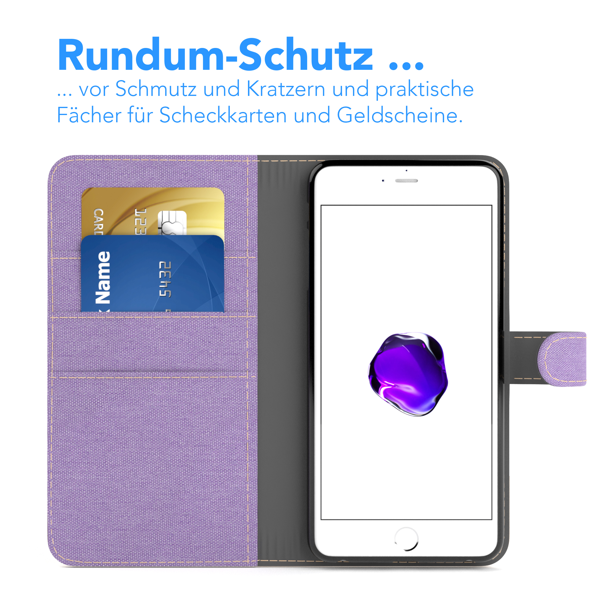 Geöffnete Handyhülle mit Kreditkarten und Telefon. Das Telefon zeigt ein App-Symbol.