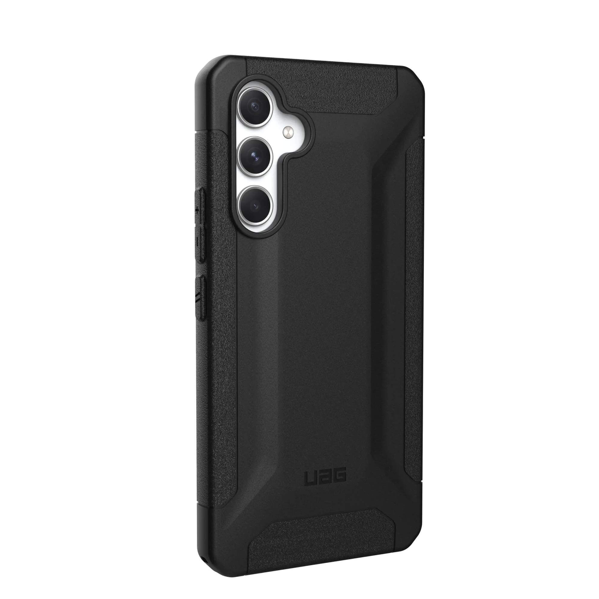Black phone case with a rugged design, featuring a camera cutout and side buttons.