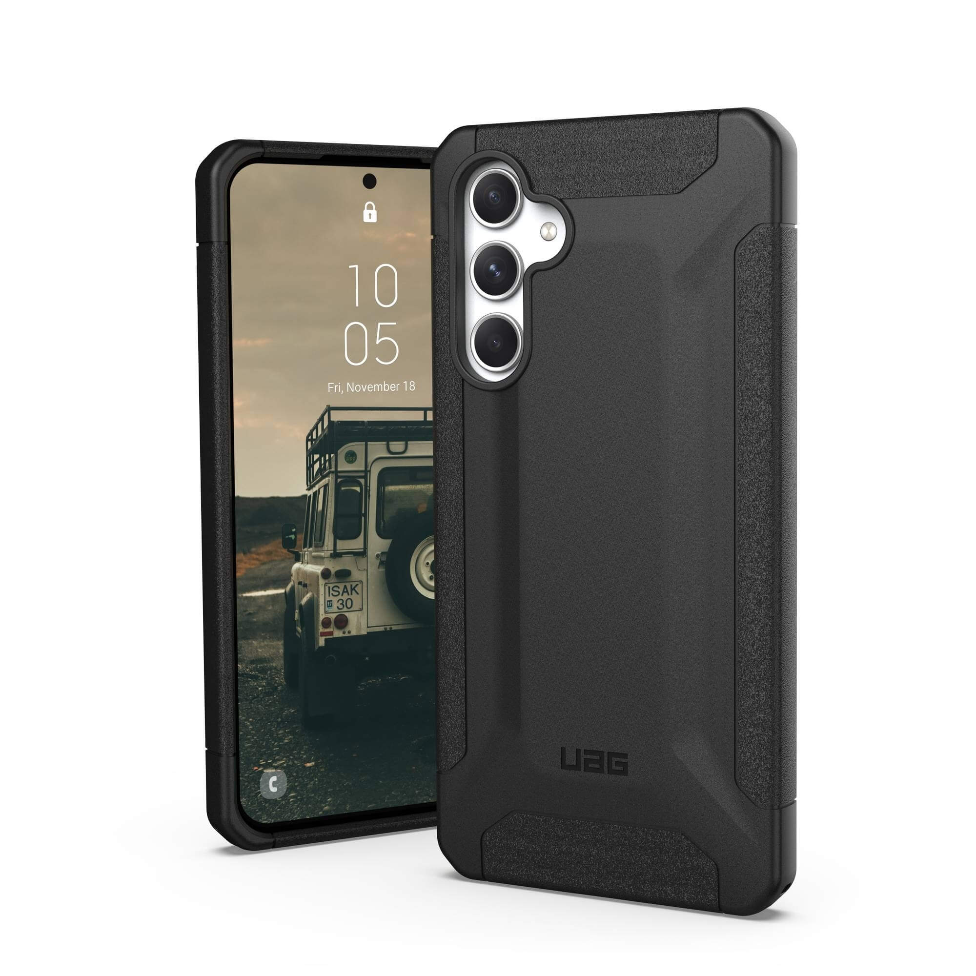 A black phone with a black protective case is shown. The phone displays the date and time.
