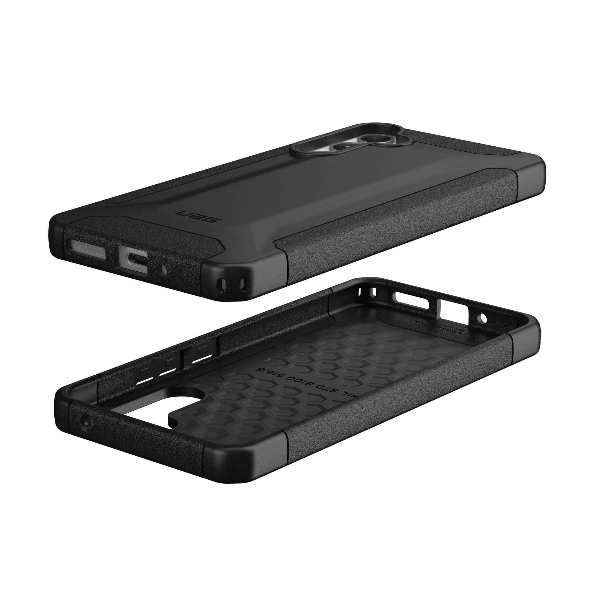 Two parts of a black phone case, showing the exterior and the interior with a honeycomb pattern.